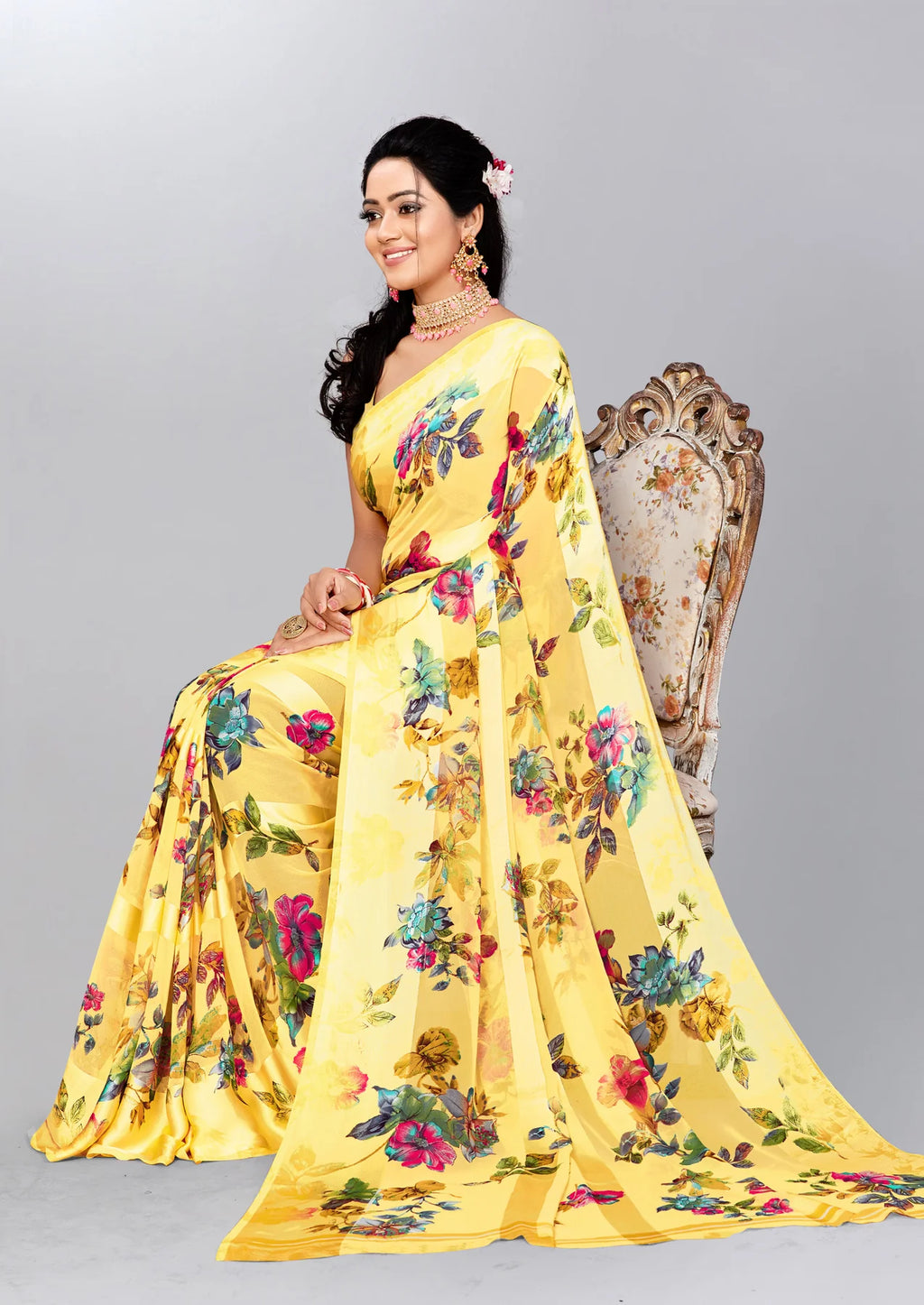 Oriental Floral Saree in Yellow