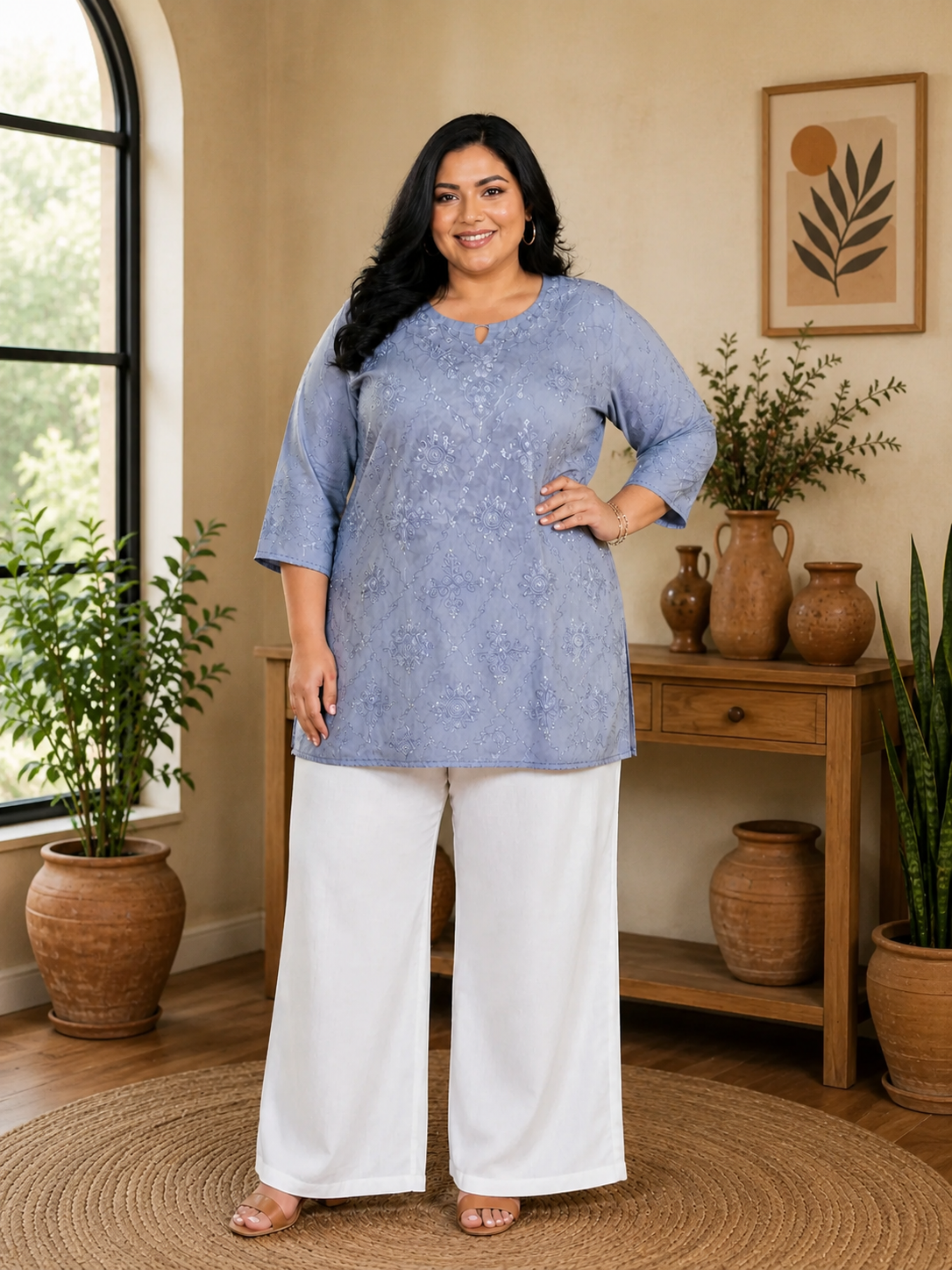Shaded Sky Blue Rayon Casual Wear Tunic with Embroidery & Sequence Work