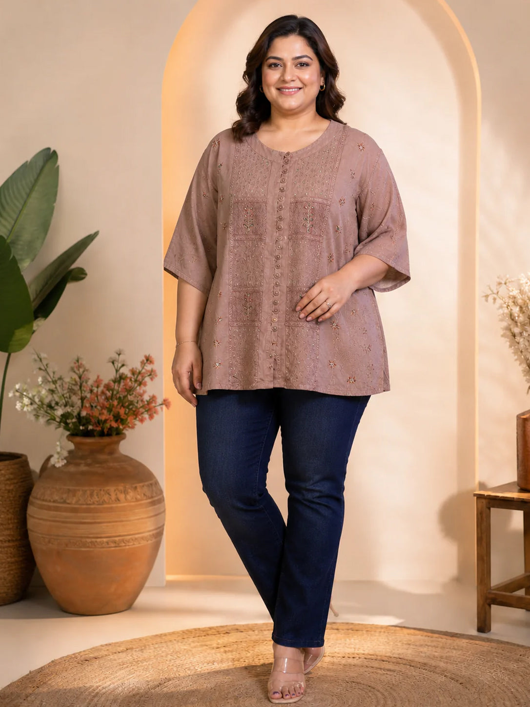 Women’s Light Brown Rayon Blouse with Sequence & Thread Embroidery