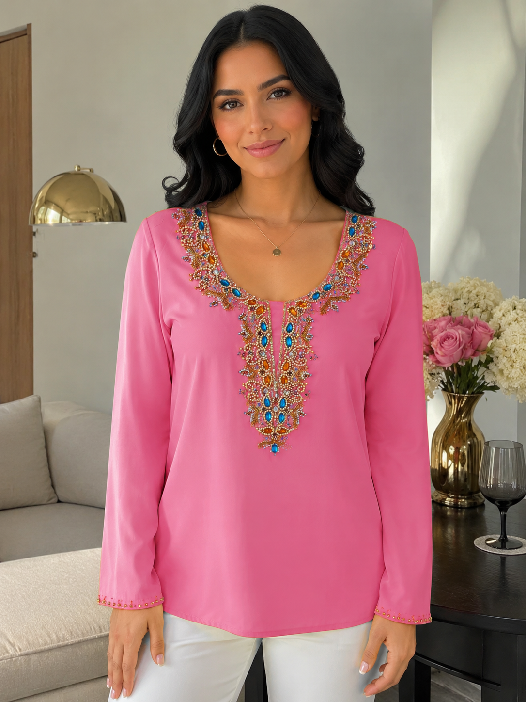 Bright Pink Chiffon Tunic with Heavy Stone Work on Neckline Main image