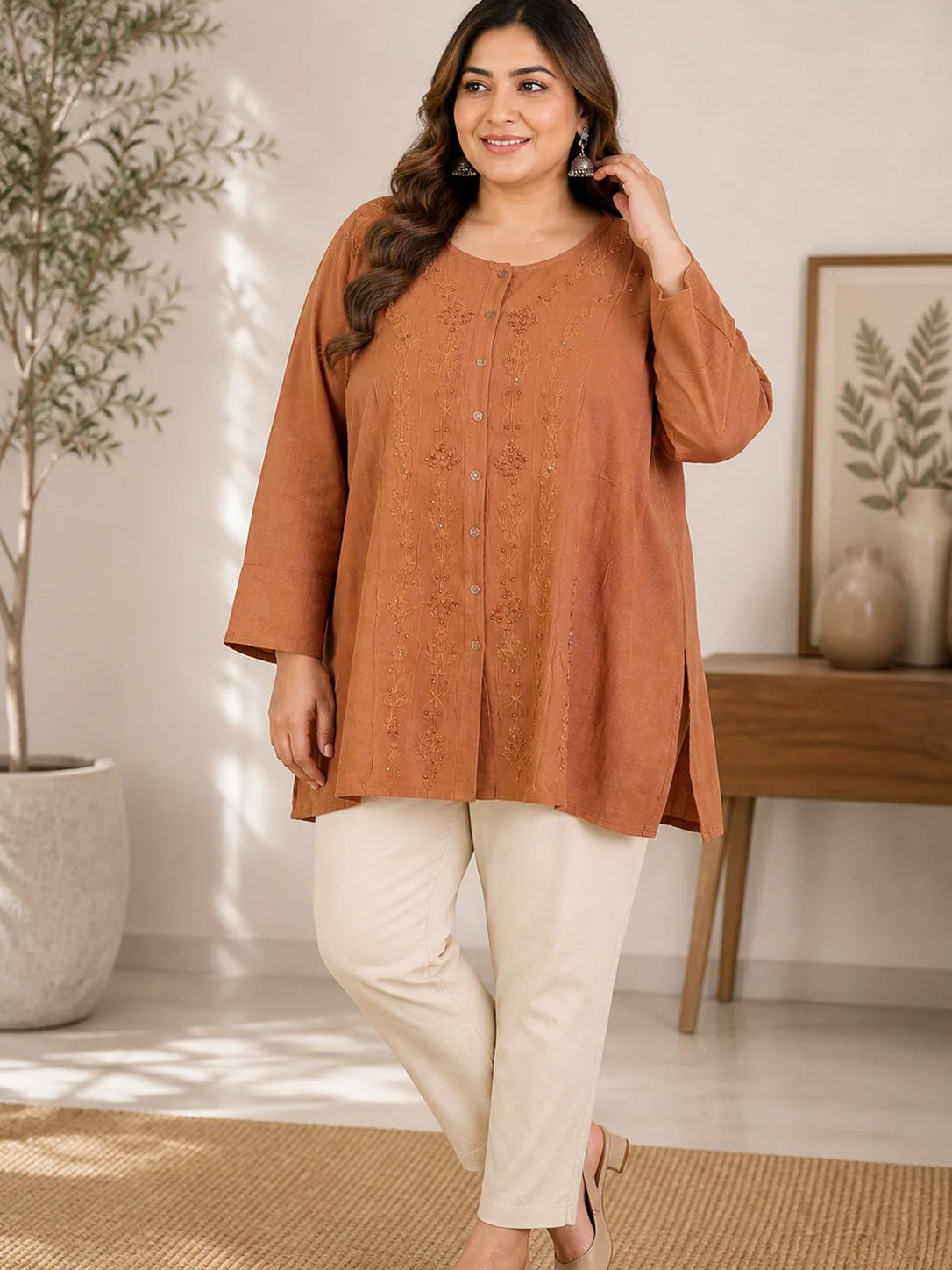 Camel Brown Rayon Tunic with Heavy Embroidery & Sequence Work Main image