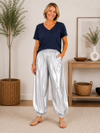 Silver Dhoti Style Pants for Women – Shiny Draped Casual & Party Wear Bottom