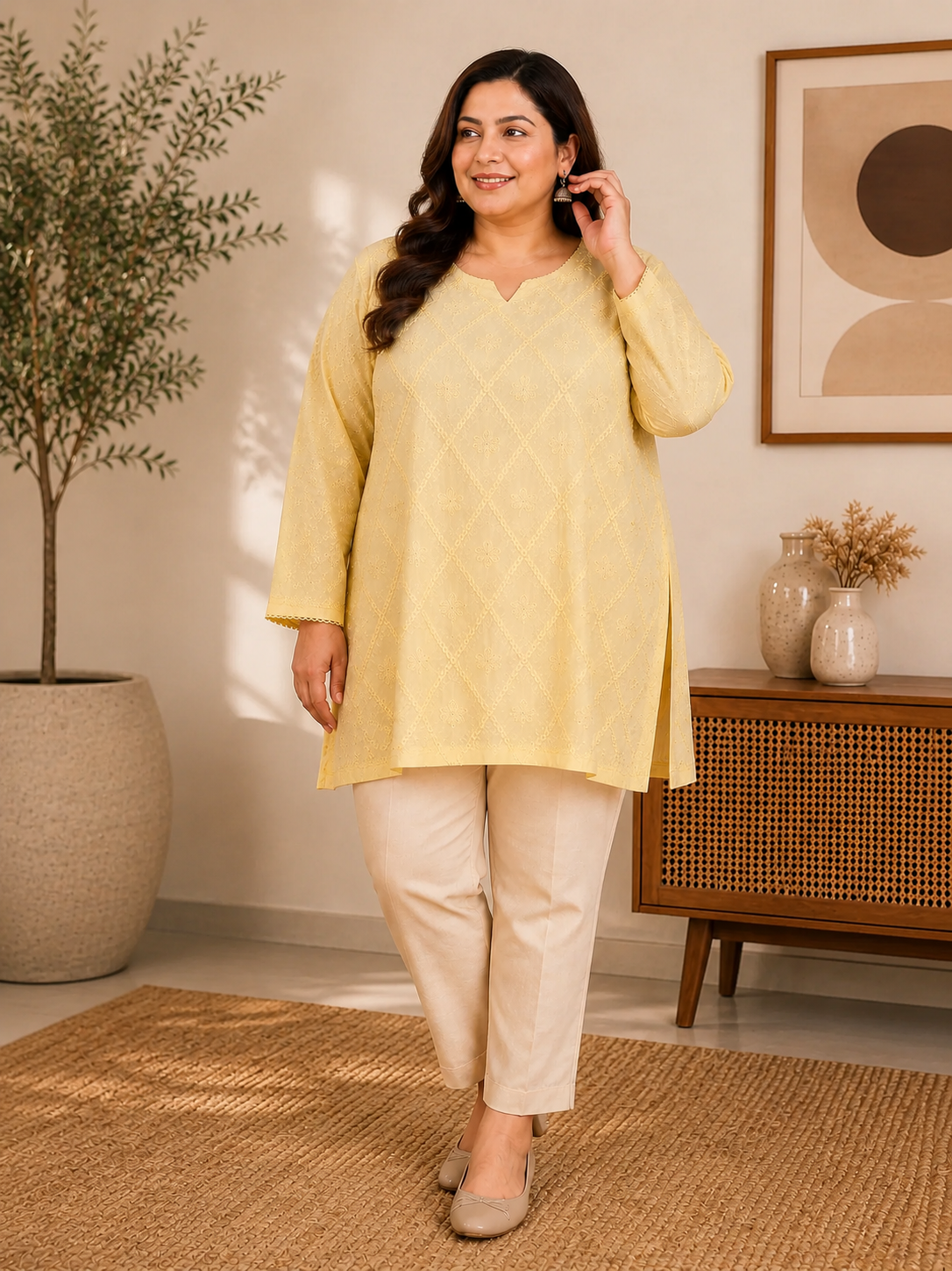 Lemon Shaded Rayon Casual Wear Tunic with Embroidery & Sequence Work Main image