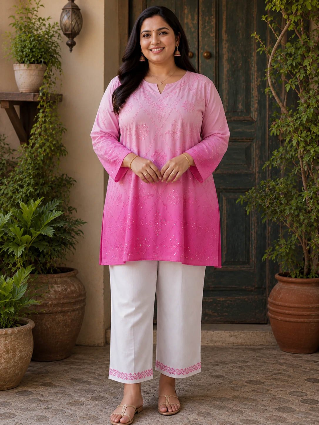 Bright Pink Shaded Rayon Tunic with Heavy Embroidery & Sequence Work