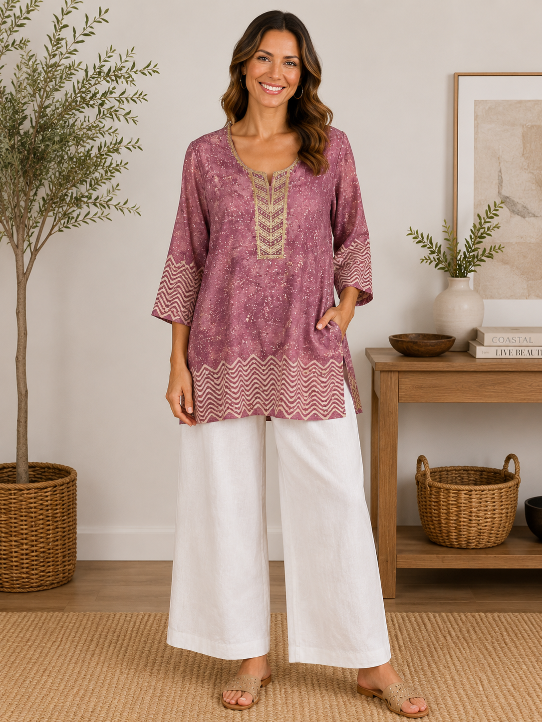 Mauve Georgette Tunic for Women with Zari & Sequence Hand Work