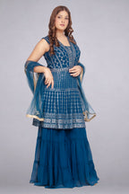 Royal Blue Frock-Style Tunic & Sharara Set with Net Dupatta