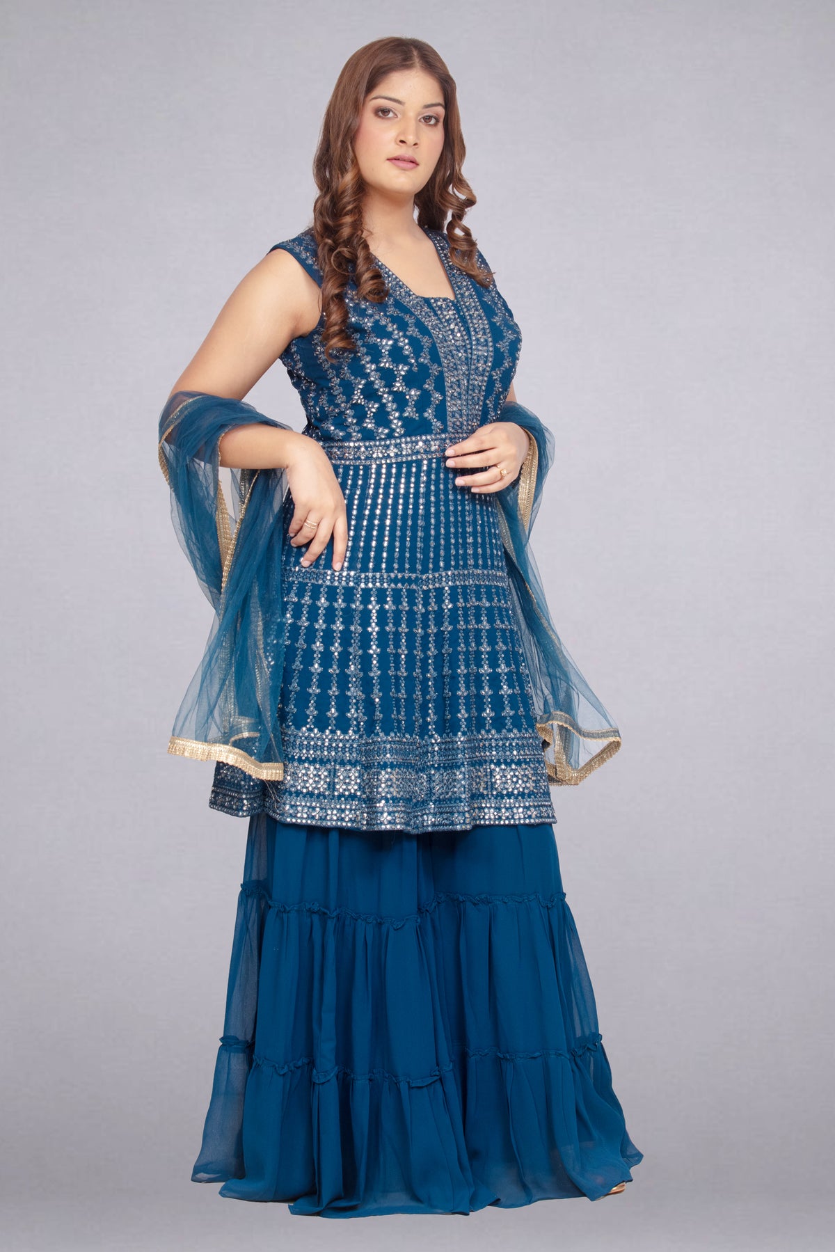 Royal Blue Frock-Style Tunic & Sharara Set with Net Dupatta