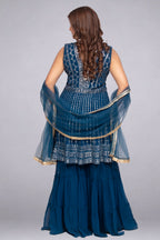 Royal Blue Frock-Style Tunic & Sharara Set with Net Dupatta