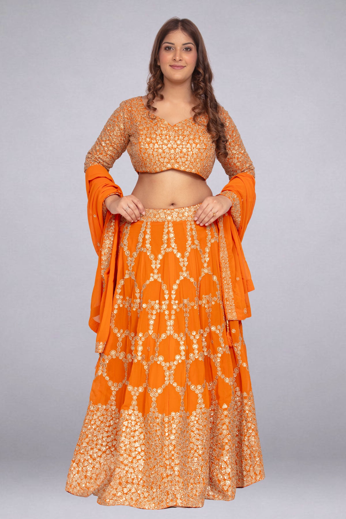 Vibrant Orange Flowing Lehenga Set Main image