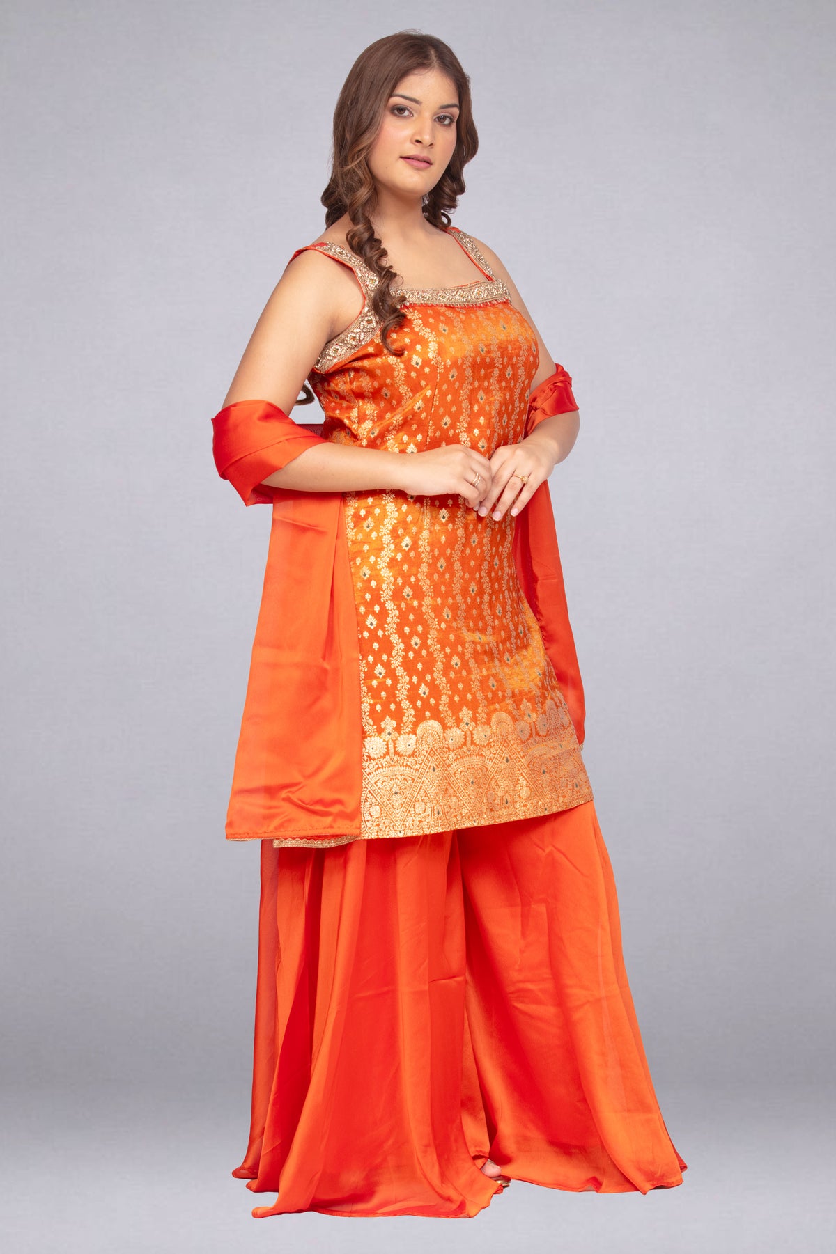 Bright Orange Zari-Woven Tunic & Palazzo Set
