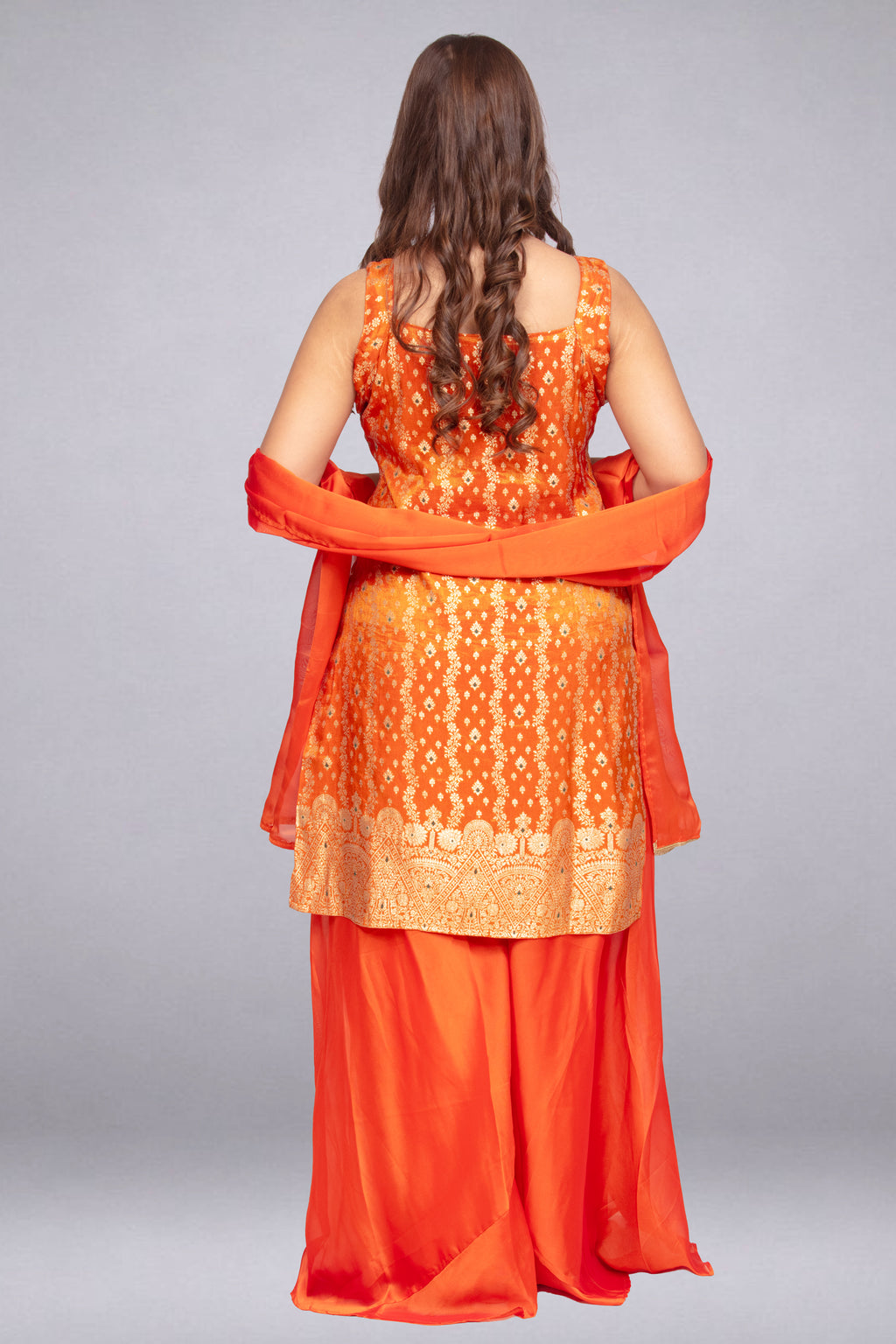 Bright Orange Zari-Woven Tunic & Palazzo Set