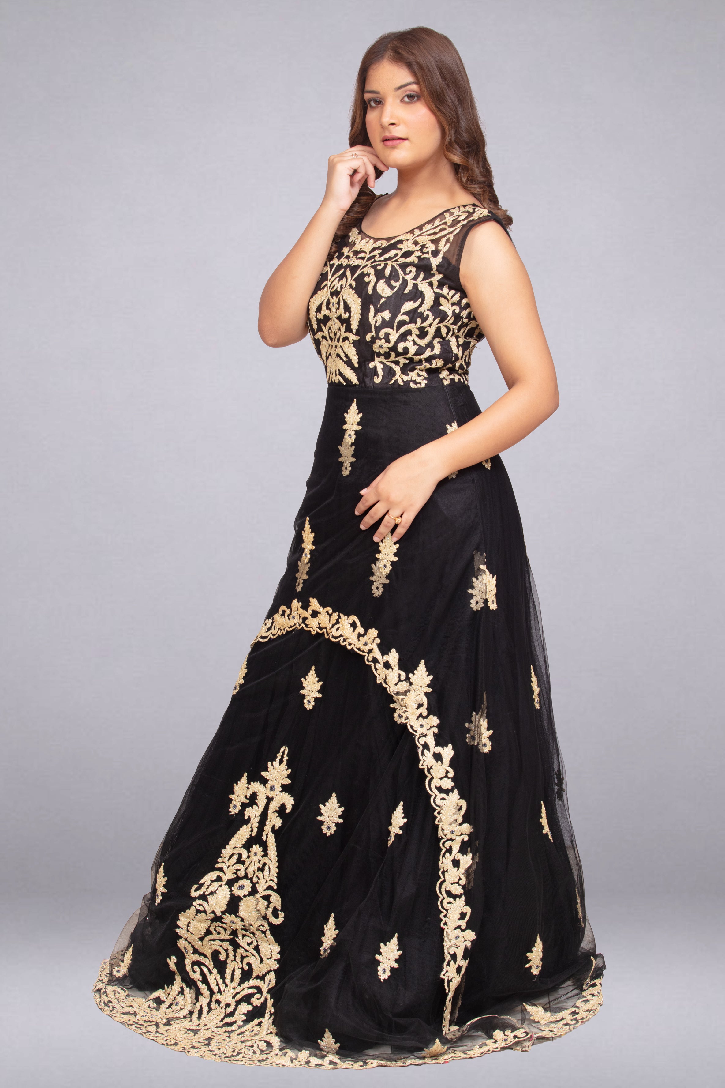 Black Net Gown with Sequin, Stone & Embroidery Work