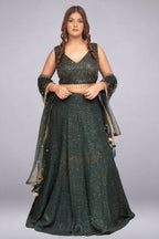 Emerald Green Sequin-Embellished Lehenga Set with Net Dupatta