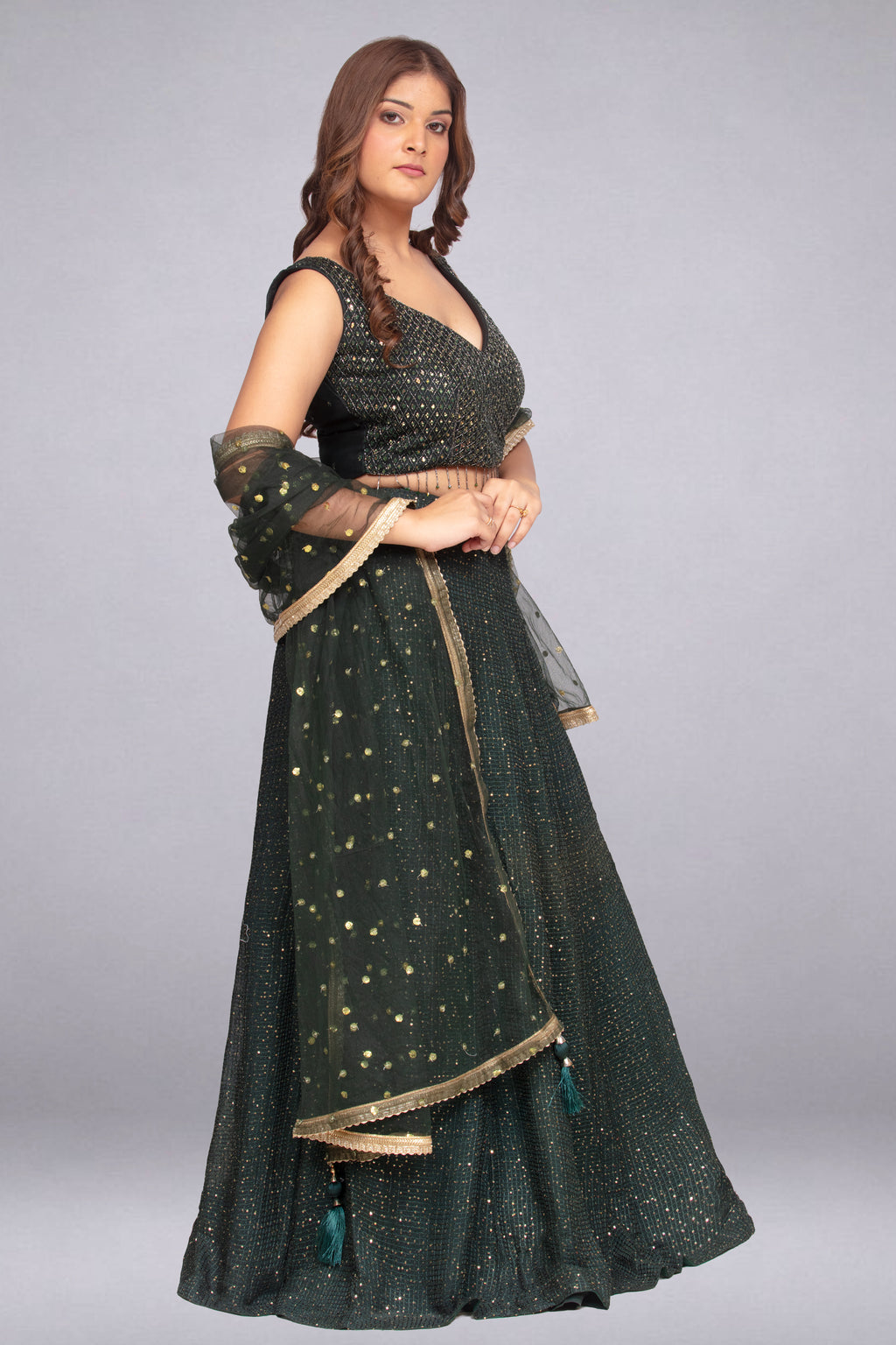 Emerald Green Sequin-Embellished Lehenga Set with Net Dupatta