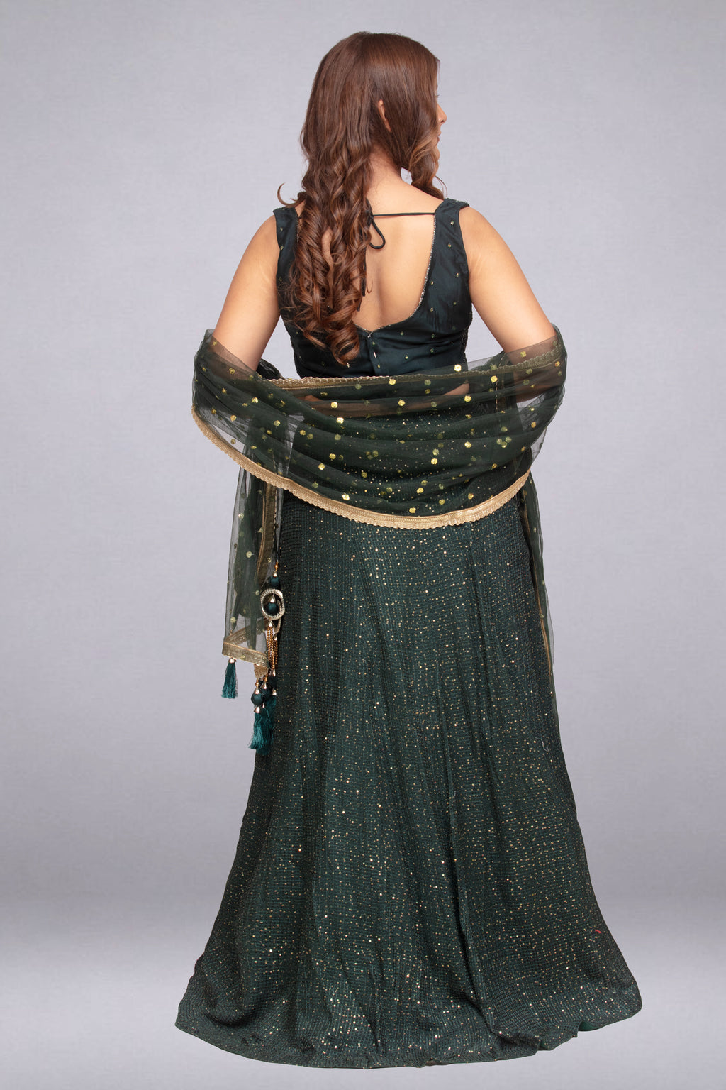 Emerald Green Sequin-Embellished Lehenga Set with Net Dupatta