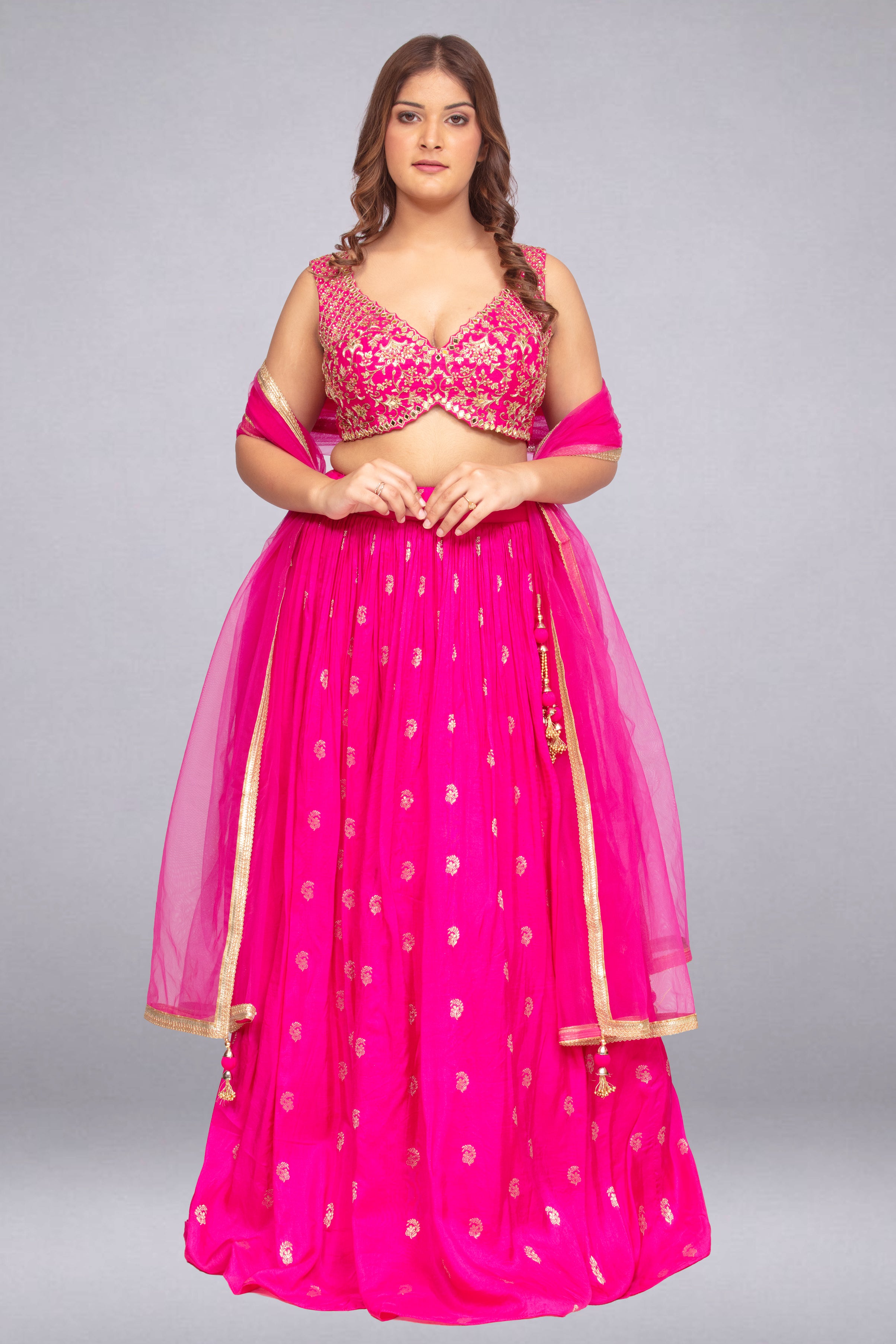 Bright Pink Zari & Mirror-Embroidered Lehenga Set Main image
