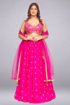 Bright Pink Zari & Mirror-Embroidered Lehenga Set