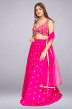 Bright Pink Zari & Mirror-Embroidered Lehenga Set