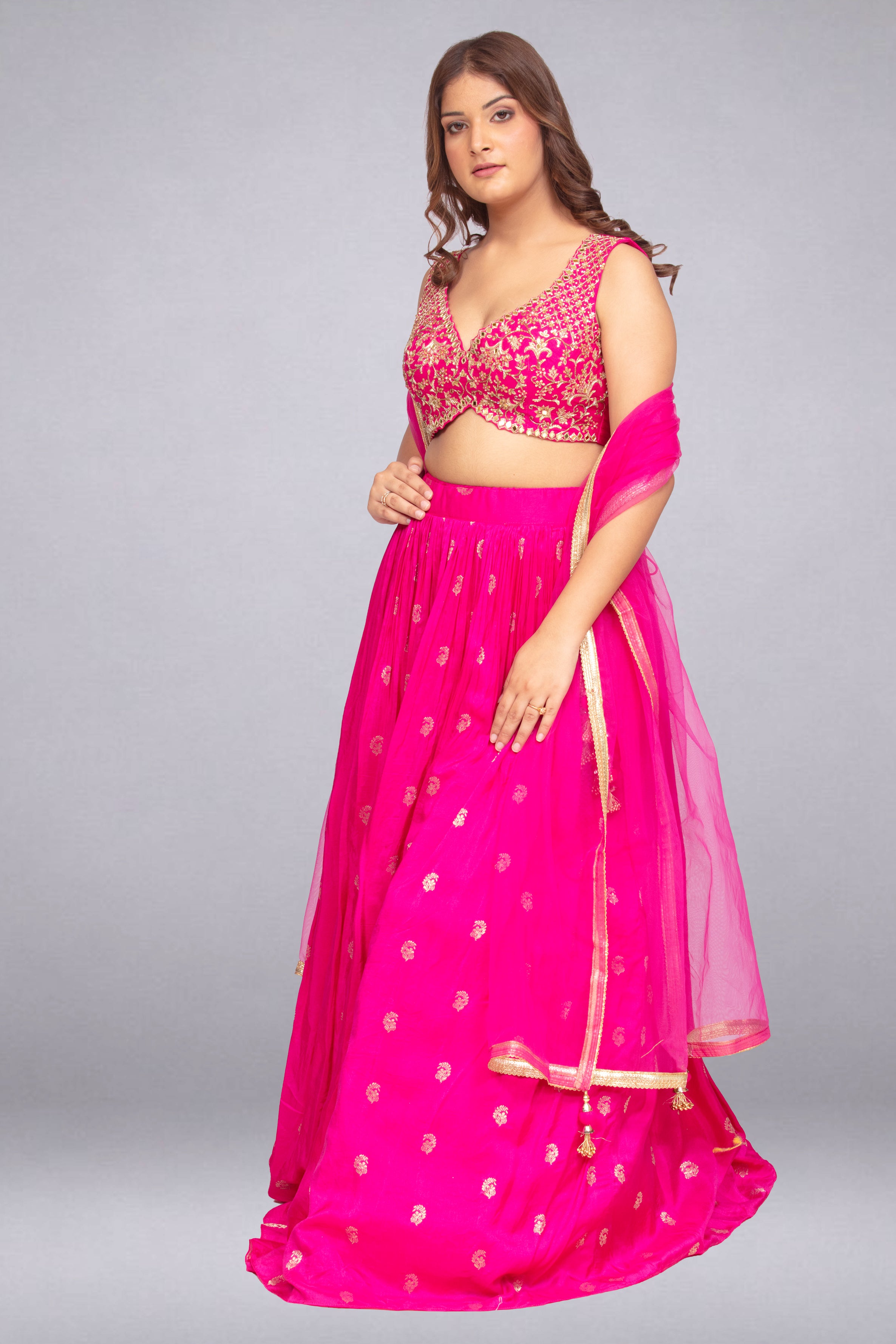 Bright Pink Zari & Mirror-Embroidered Lehenga Set