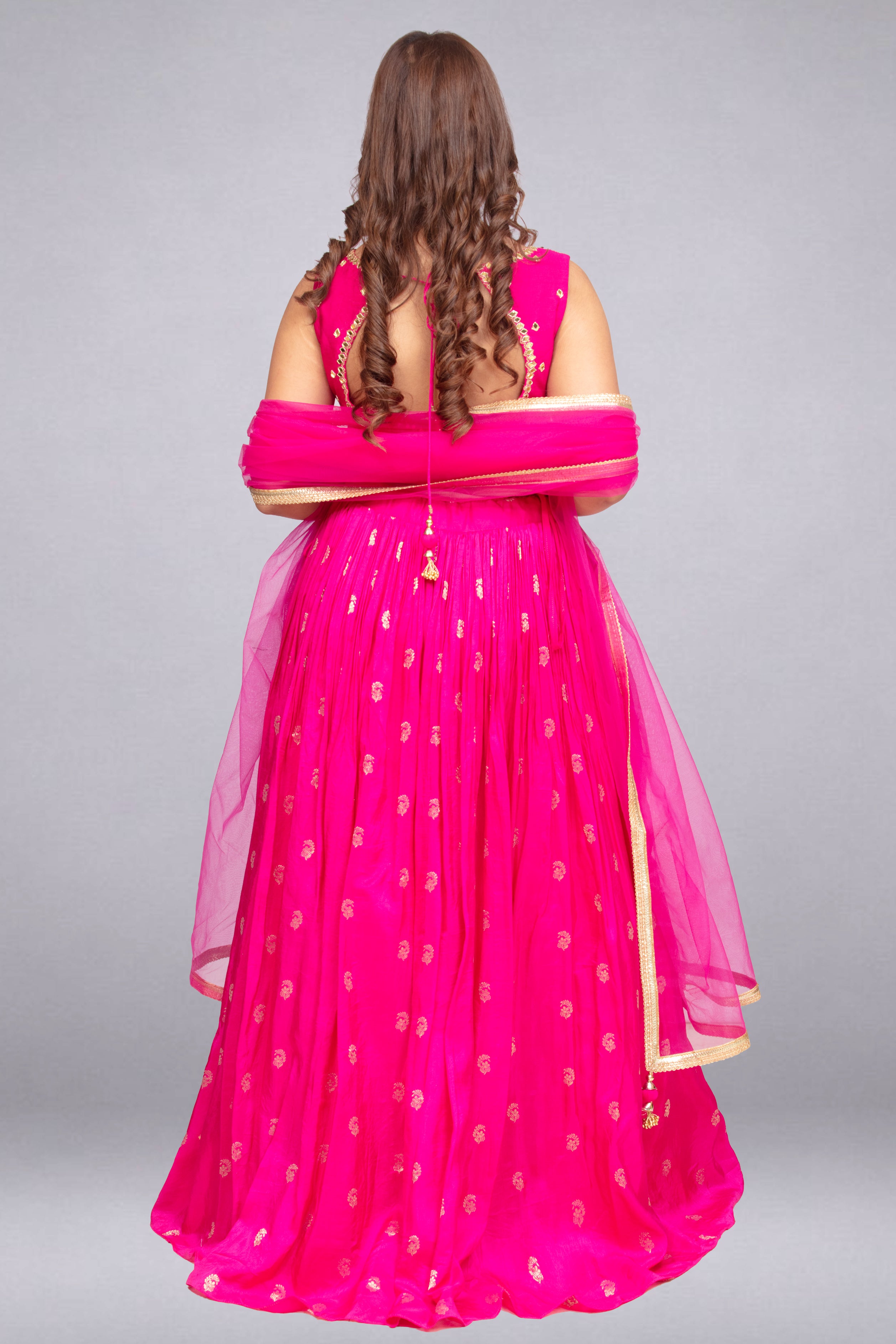 Bright Pink Zari & Mirror-Embroidered Lehenga Set Secondary image