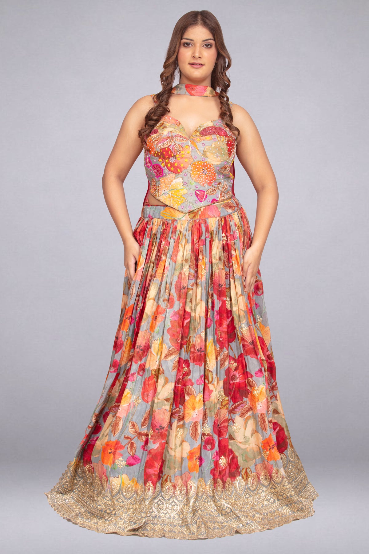 Vibrant Multicolour Digital-Print Lehenga with Zari Border Main image