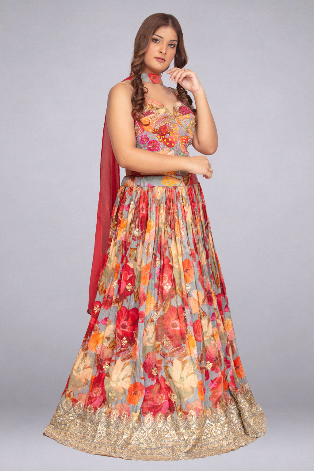 Vibrant Multicolour Digital-Print Lehenga with Zari Border