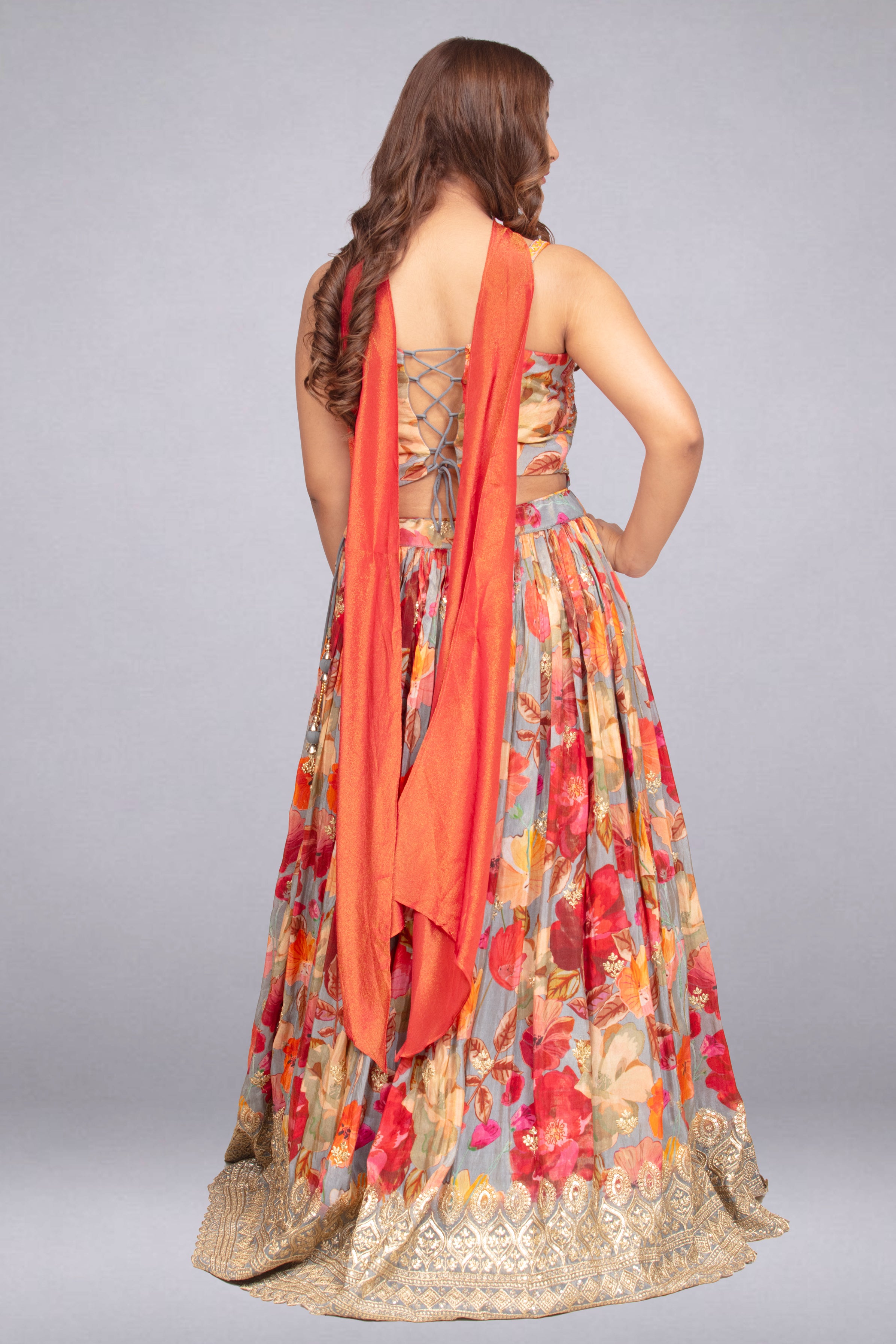 Vibrant Multicolour Digital-Print Lehenga with Zari Border