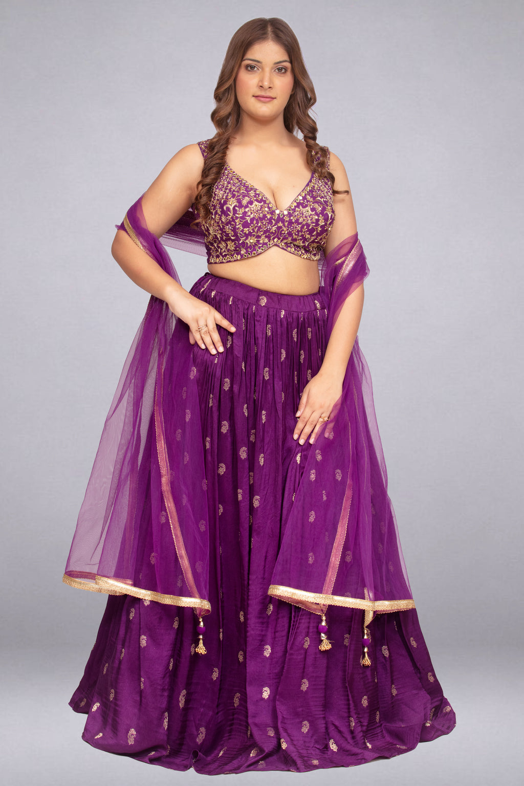 Bright Purple All-Over Zari Motif Lehenga Set