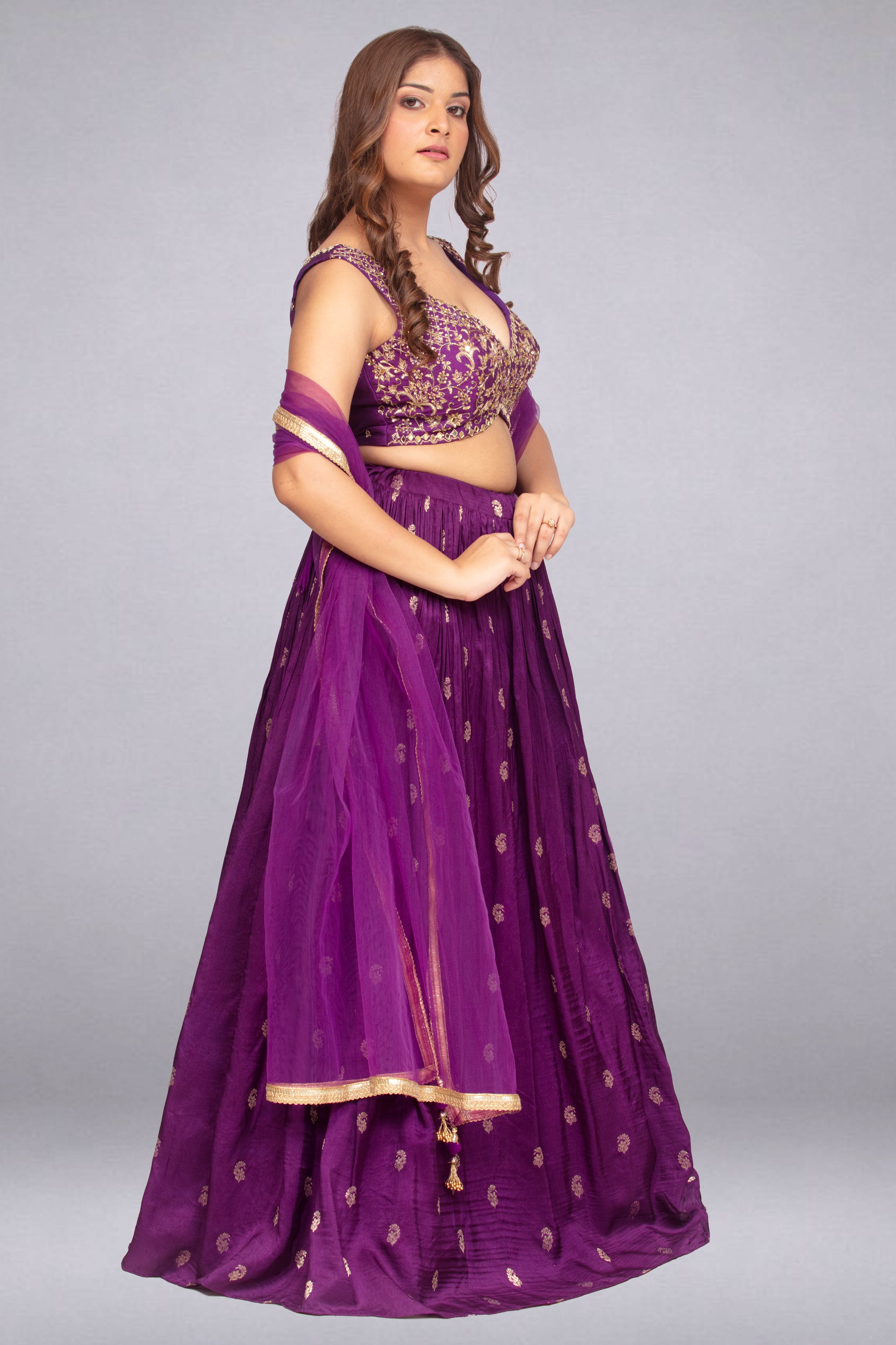 Bright Purple All-Over Zari Motif Lehenga Set Main image