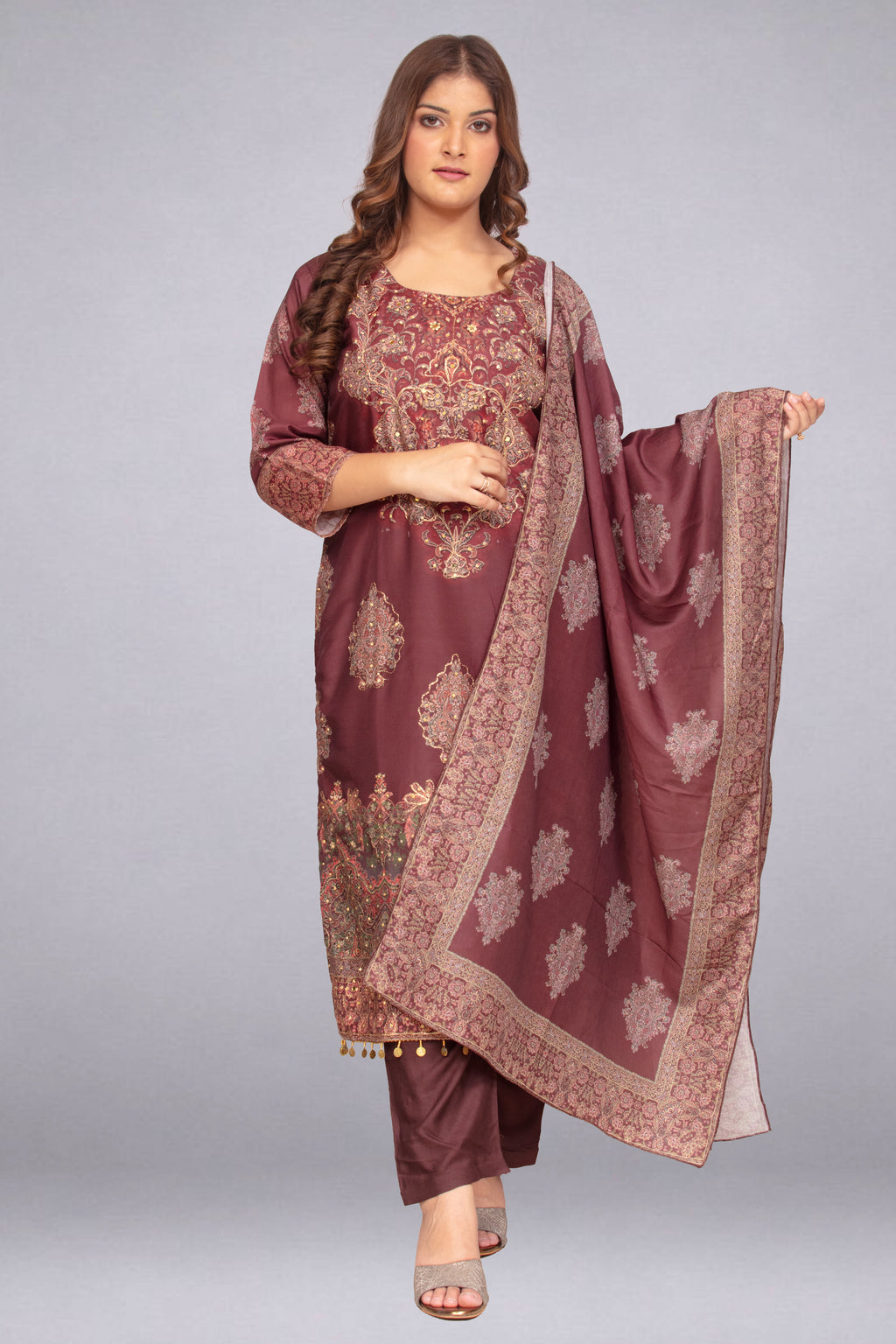 Brown Stone & Sequin-Embellished Tunic Set with Dupatta
