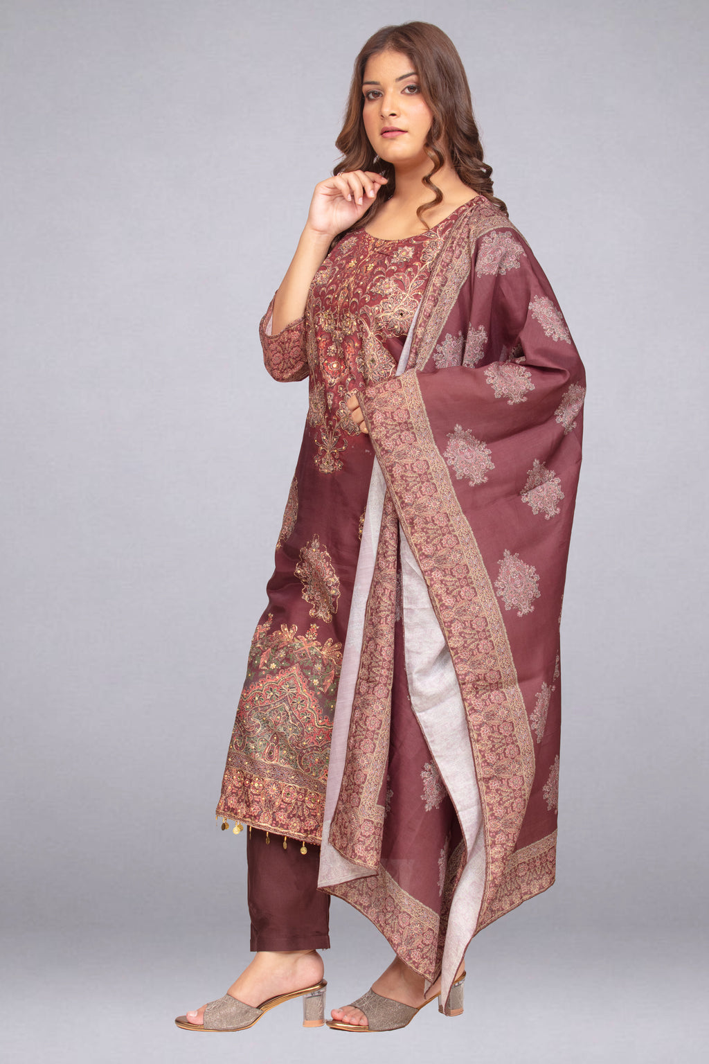 Brown Stone & Sequin-Embellished Tunic Set with Dupatta
