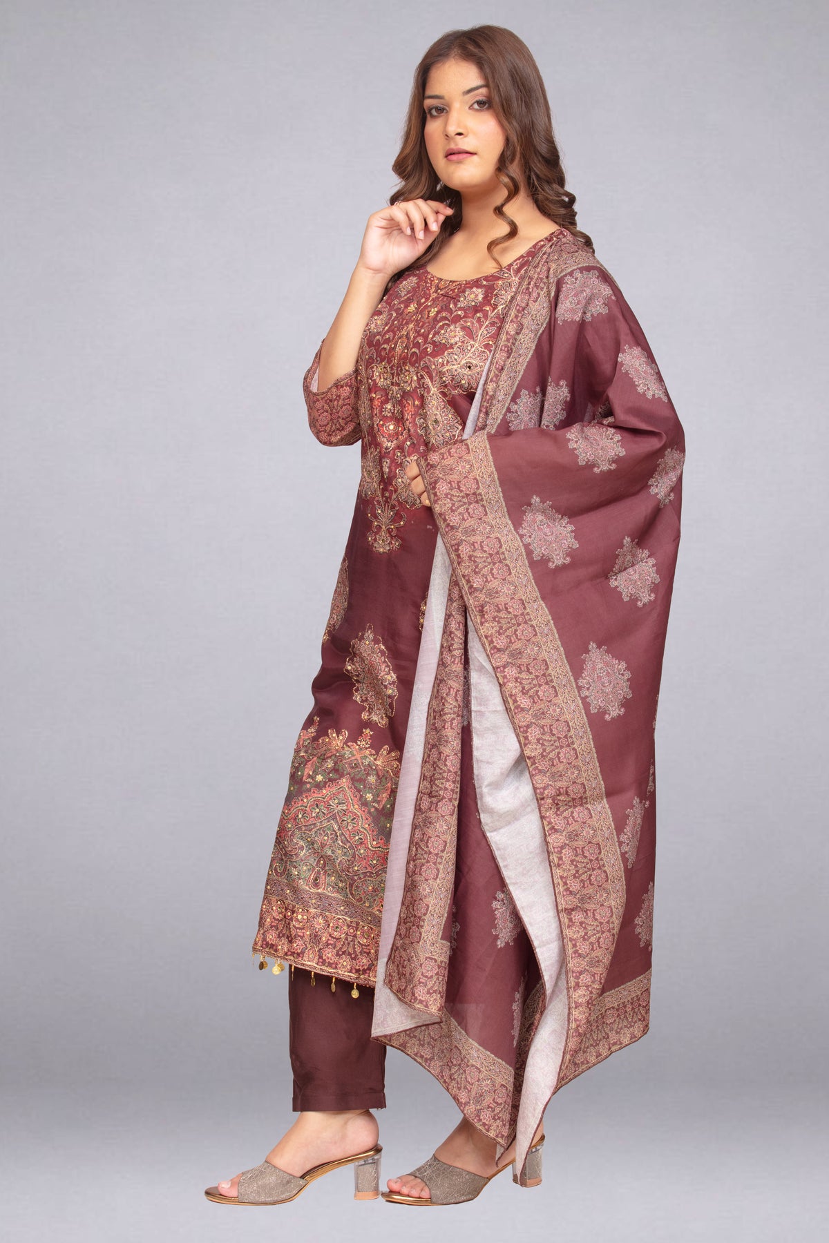 Brown Stone & Sequin-Embellished Tunic Set with Dupatta