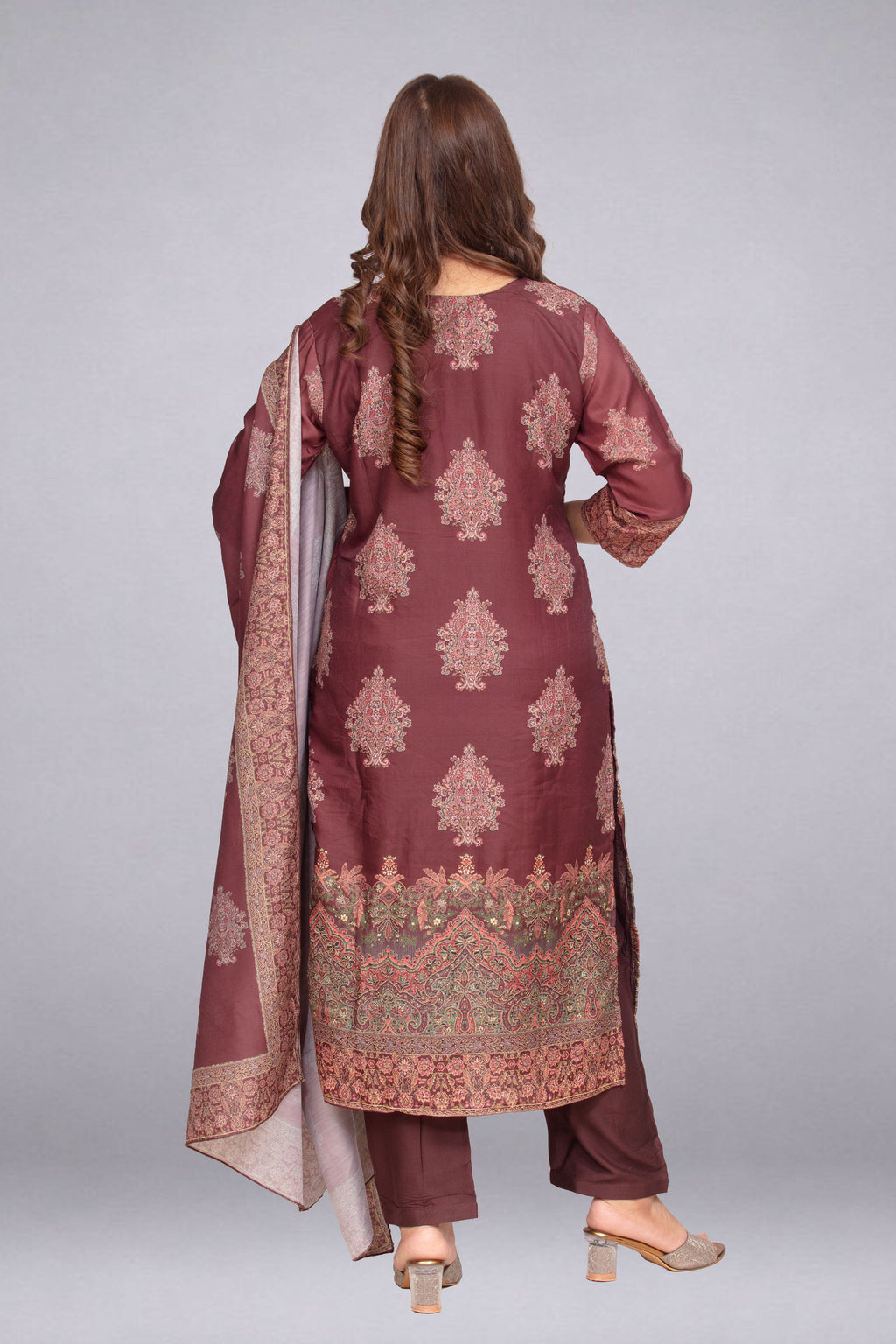 Brown Stone & Sequin-Embellished Tunic Set with Dupatta