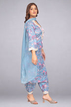 Sky Blue Hand-Embellished Tunic Set with Trousers and Dupatta
