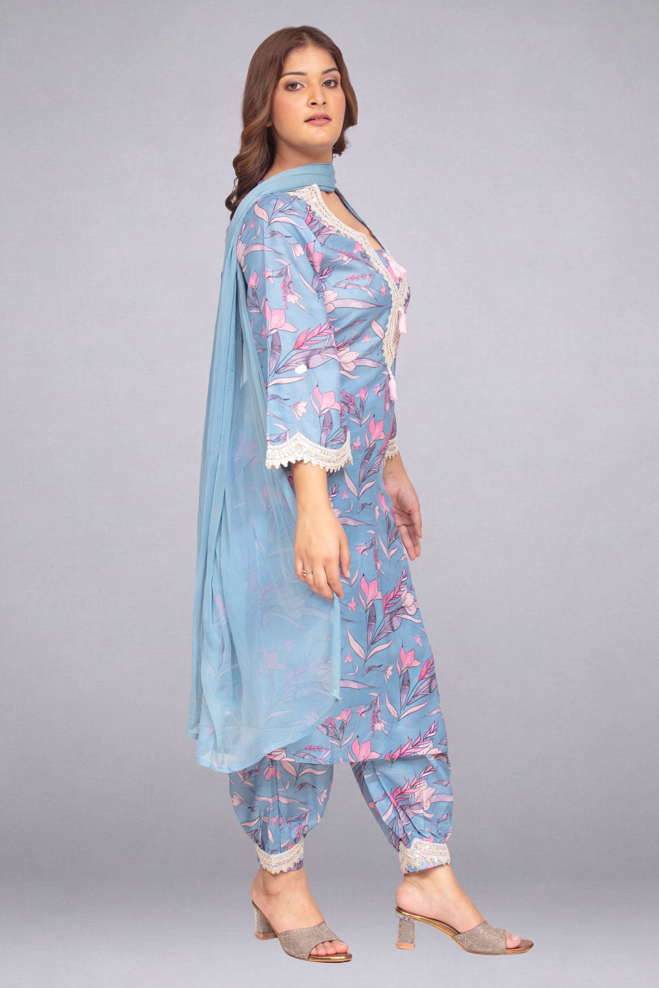 Sky Blue Hand-Embellished Tunic Set with Trousers and Dupatta