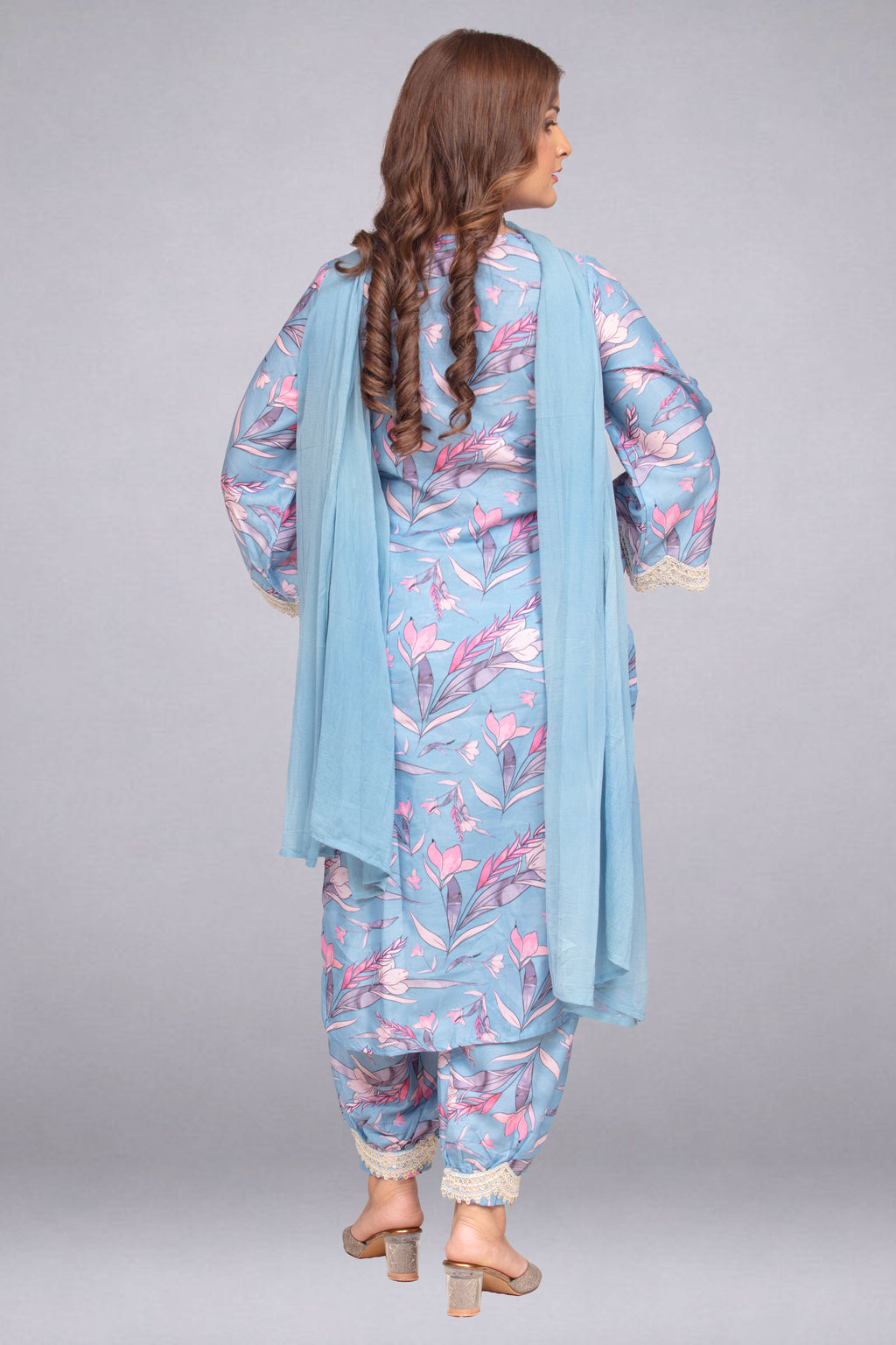 Sky Blue Hand-Embellished Tunic Set with Trousers and Dupatta