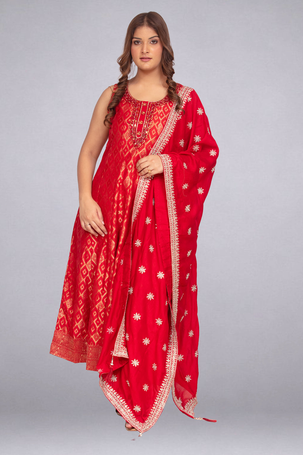 Red Sleeveless A-Line Tunic Set with Embellished Statement Dupatta
