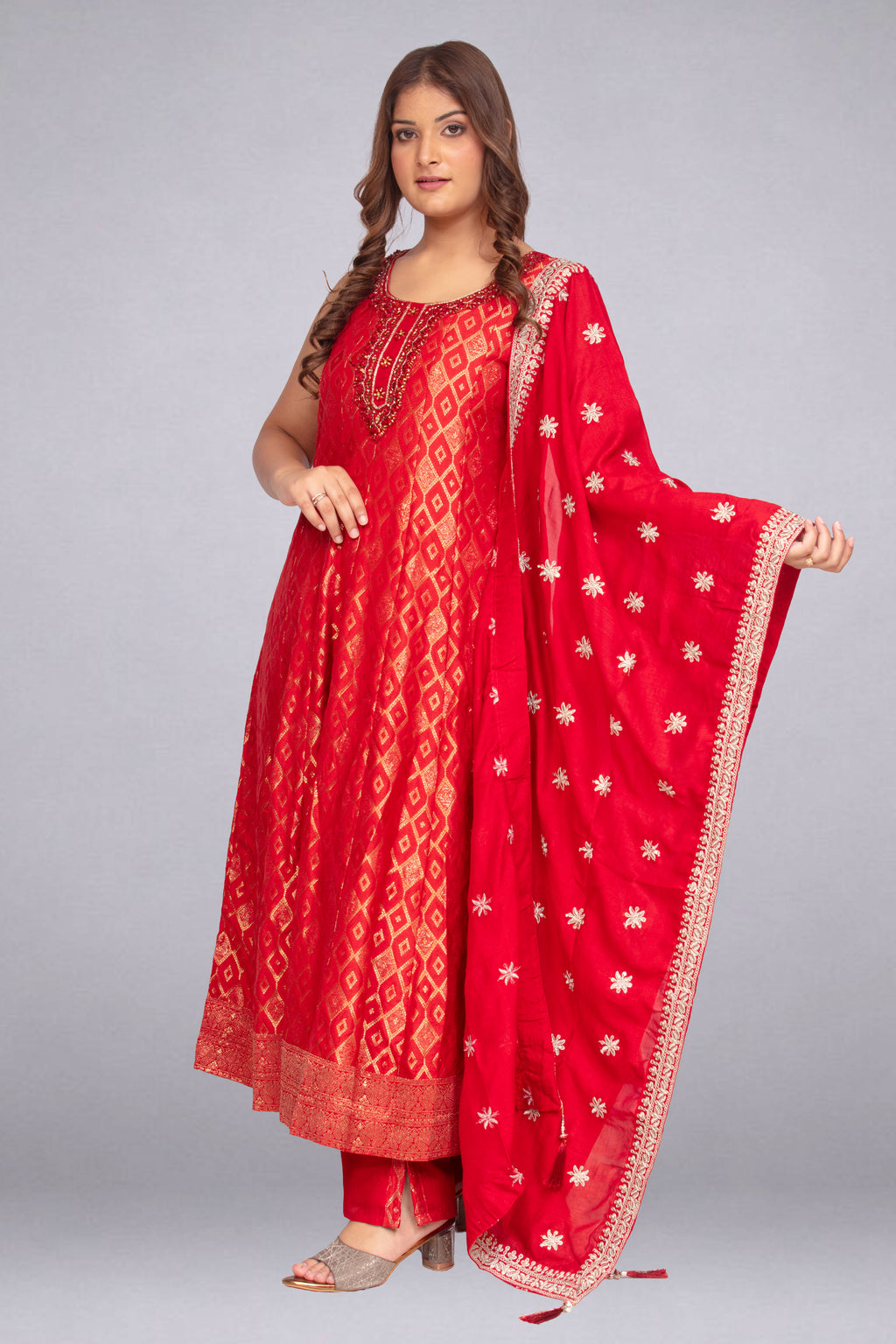 Red Sleeveless A-Line Tunic Set with Embellished Statement Dupatta