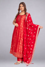 Red Sleeveless A-Line Tunic Set with Embellished Statement Dupatta