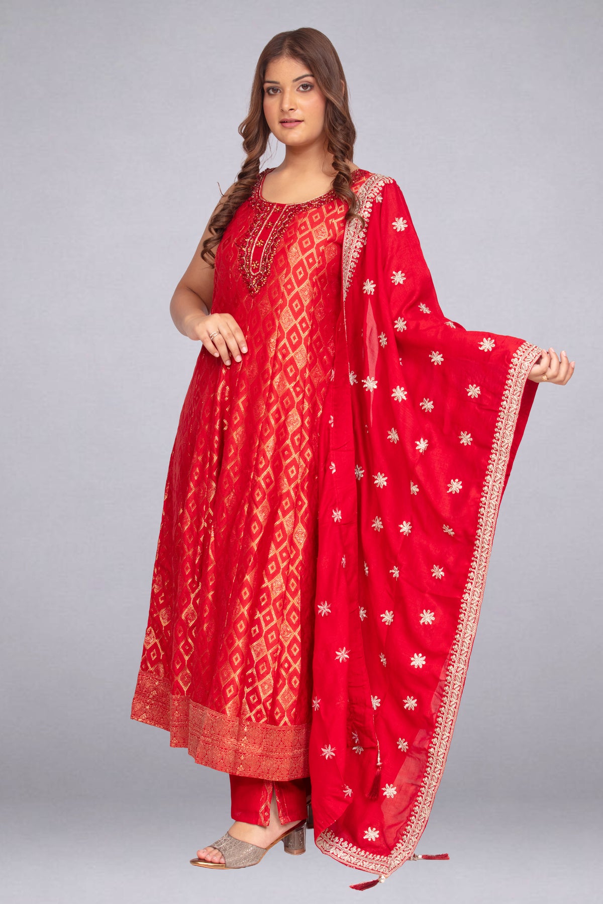 Red Sleeveless A-Line Tunic Set with Embellished Statement Dupatta