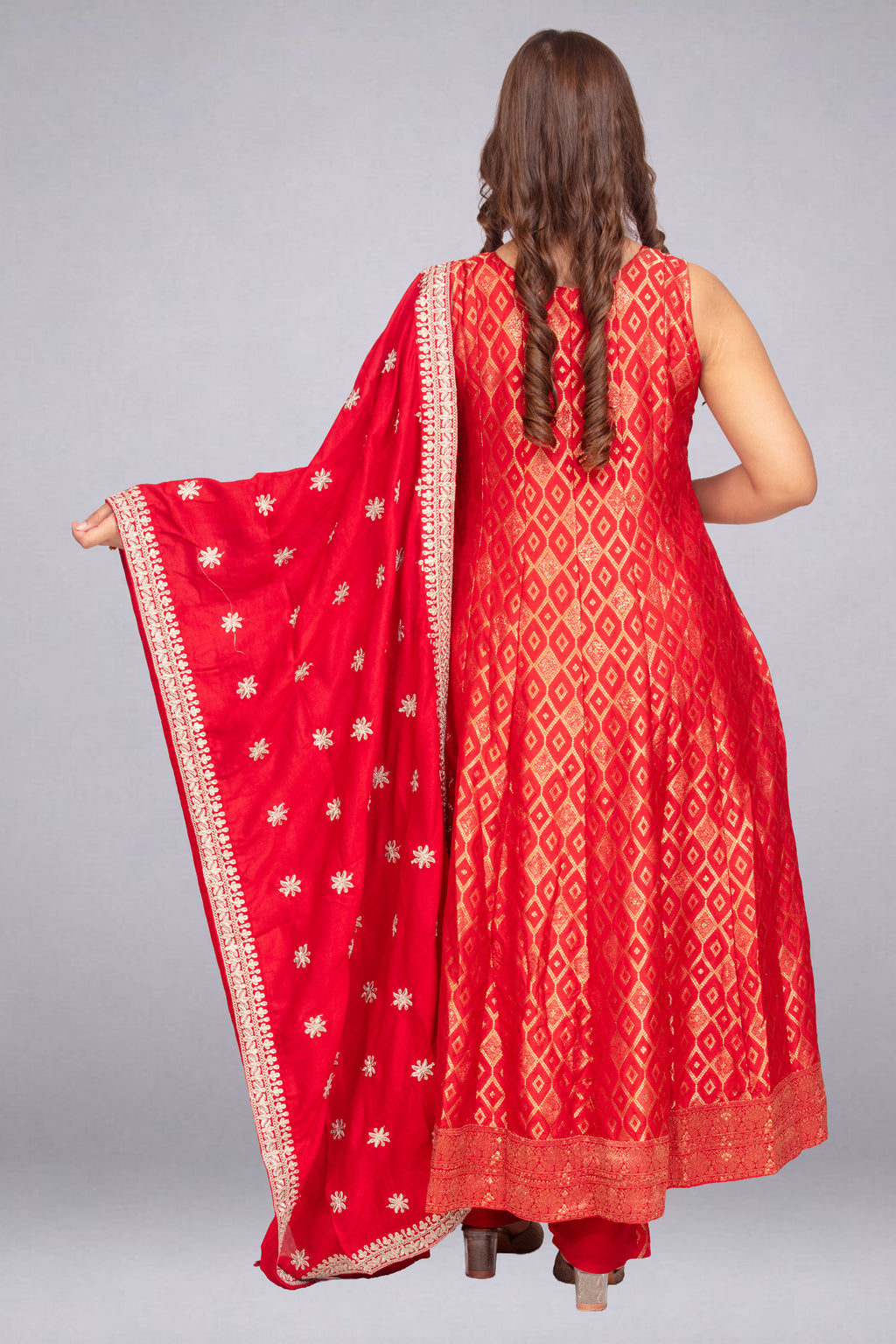 Red Sleeveless A-Line Tunic Set with Embellished Statement Dupatta