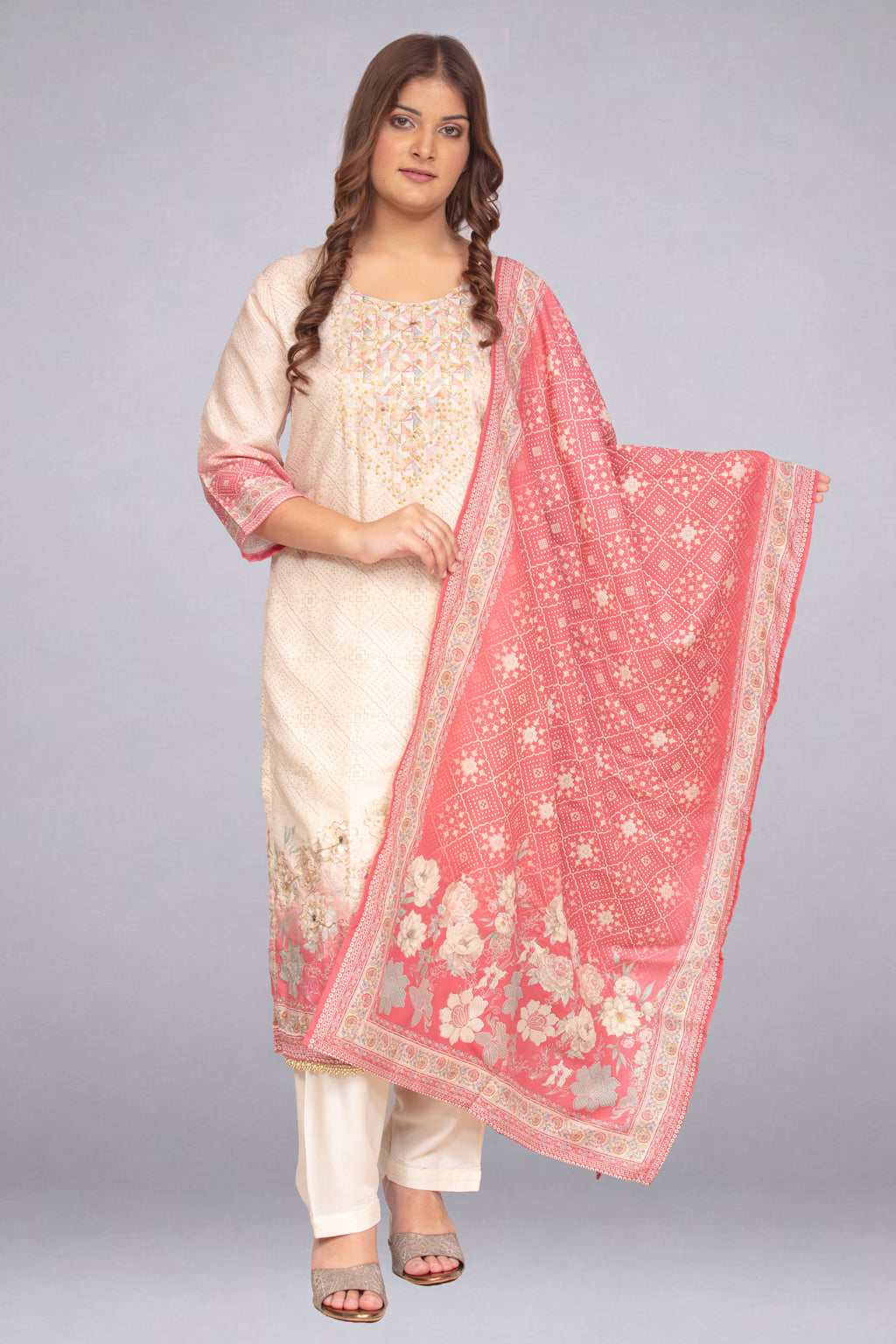 Ivory & Blush Pink Sequin-Embellished Tunic Set with Printed Dupatta
