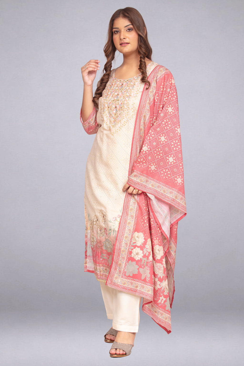 Ivory & Blush Pink Sequin-Embellished Tunic Set with Printed Dupatta