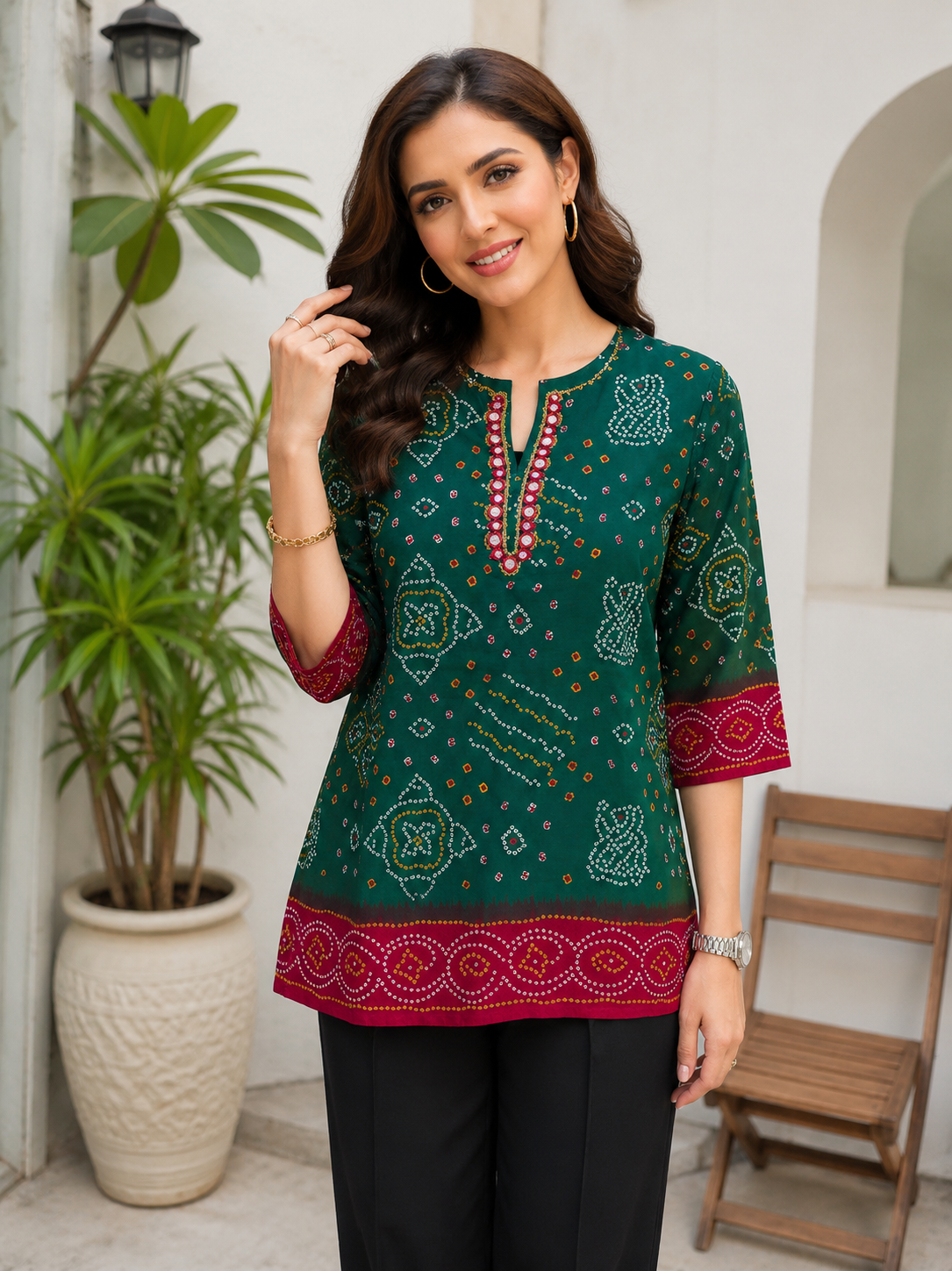 Multi Color Faux Chiffon Bandhani Tunic with Hand Work Neckline