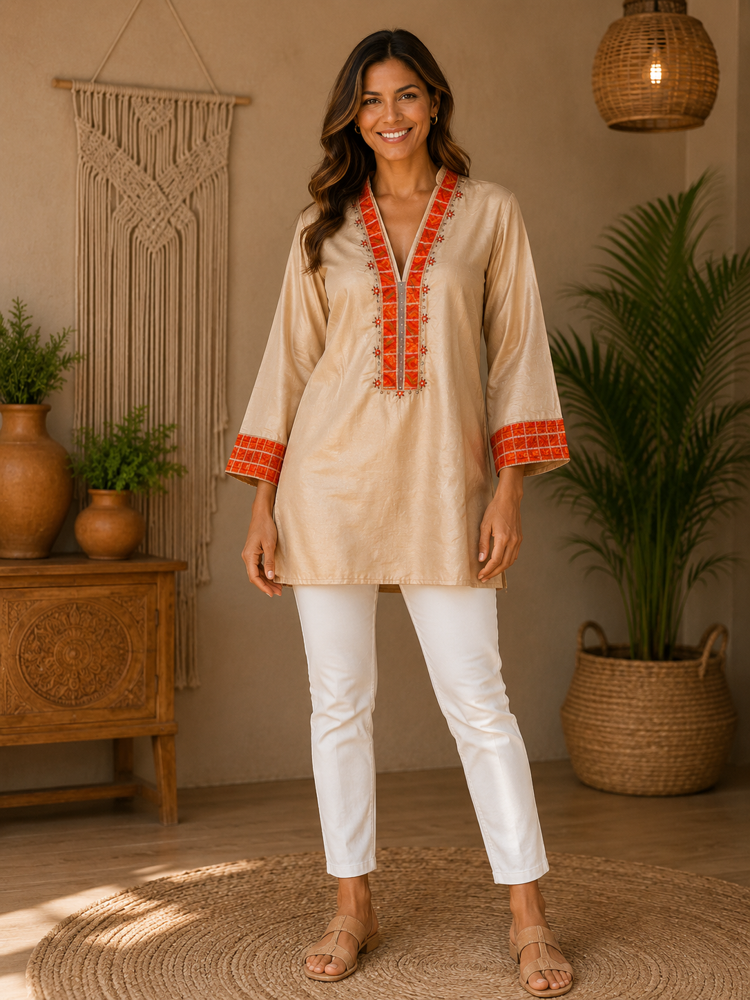 Dark Cream Pure Silk Tunic with Multi-Color Thread Work for Women – Ethnic Wear
