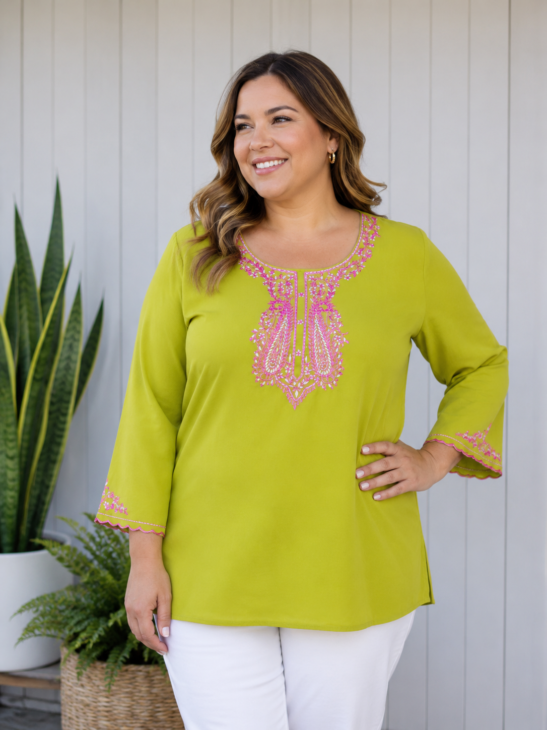 Olive Green Hand Embroidered Georgette Short Tunic Main image