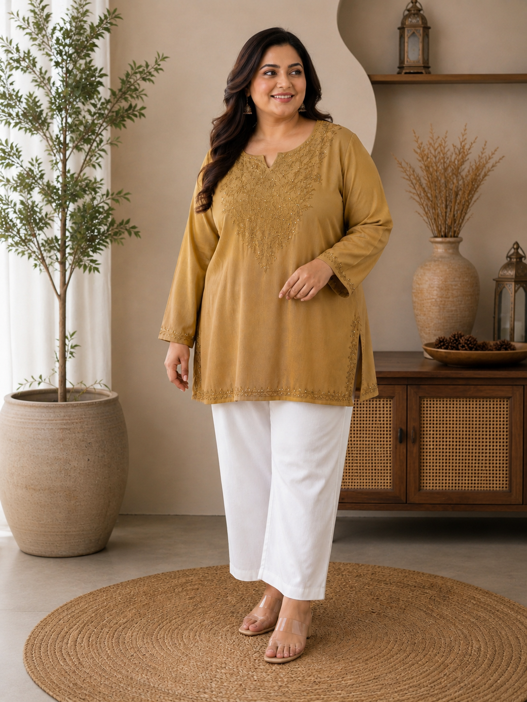 Brown Rayon Casual Wear Tunic with Embroidered Neckline & Sleeves