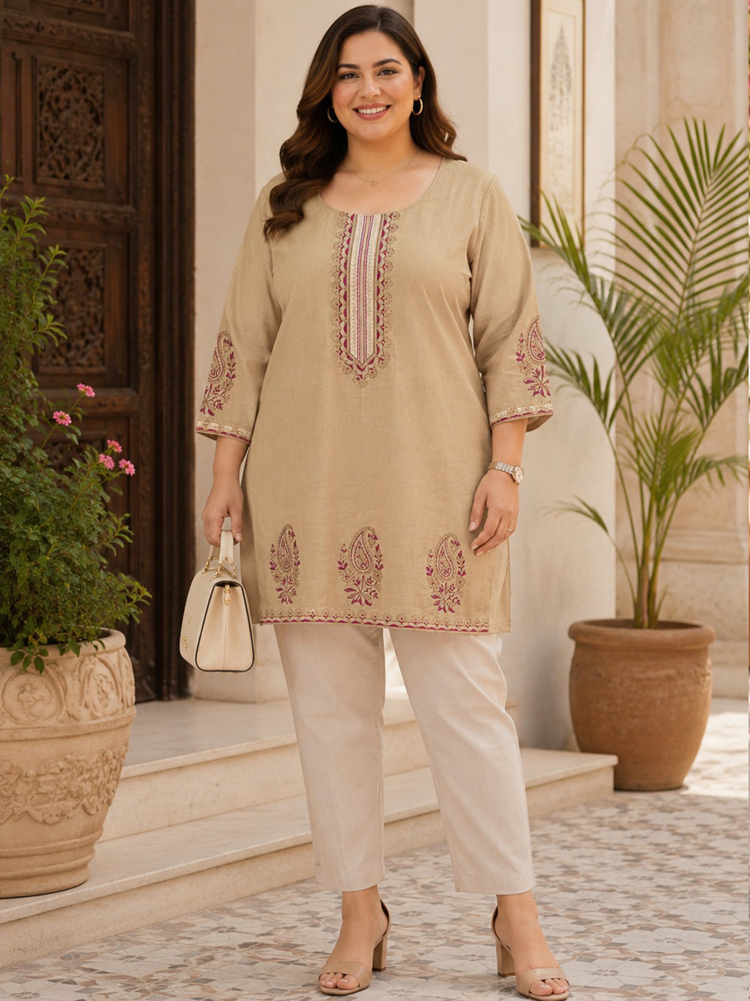 Beige Cotton Printed Kurti Top for Women – Stylish Ethnic Wear