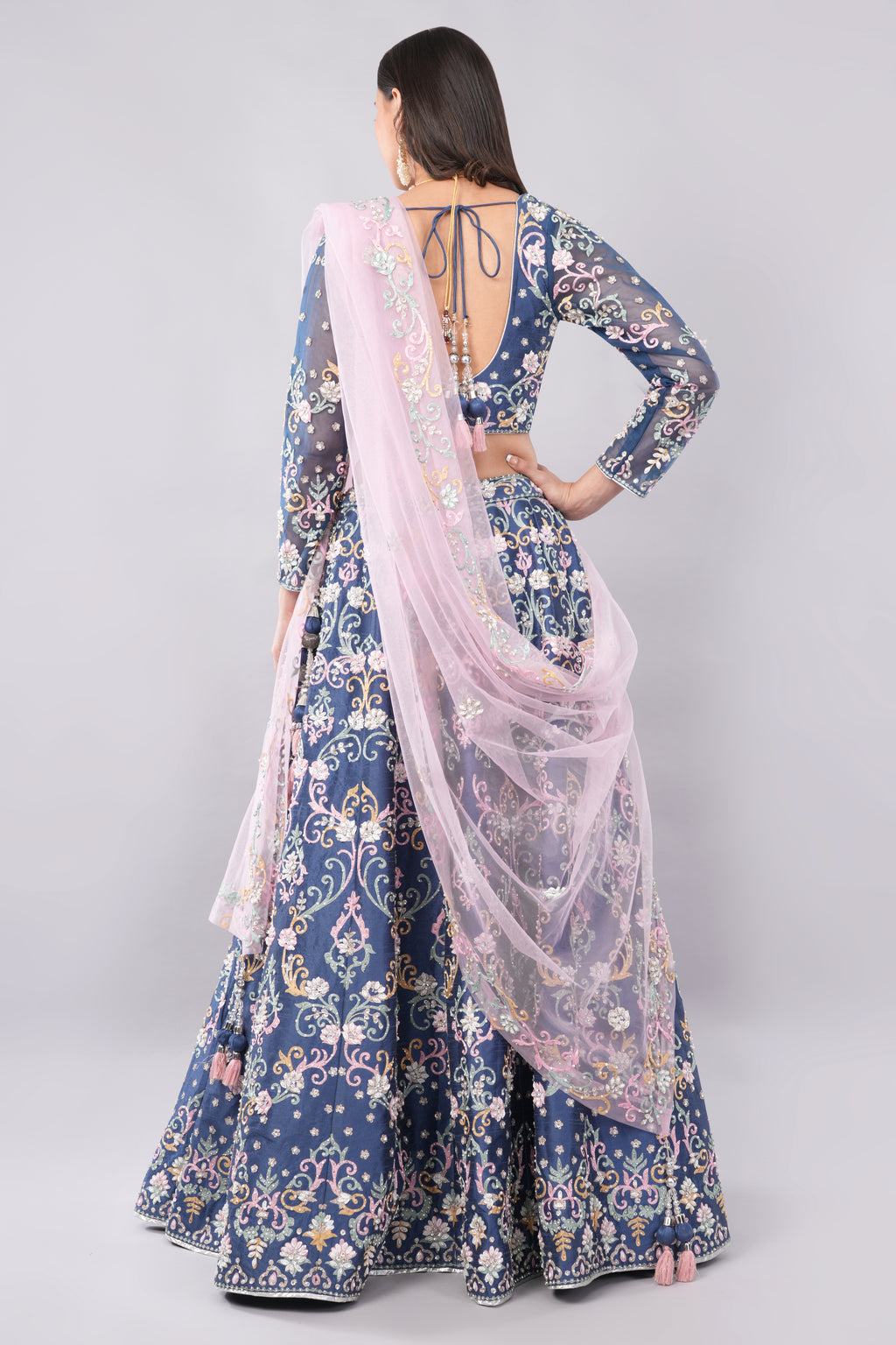 Gorgeous blue color silk lehenga designed with multi color