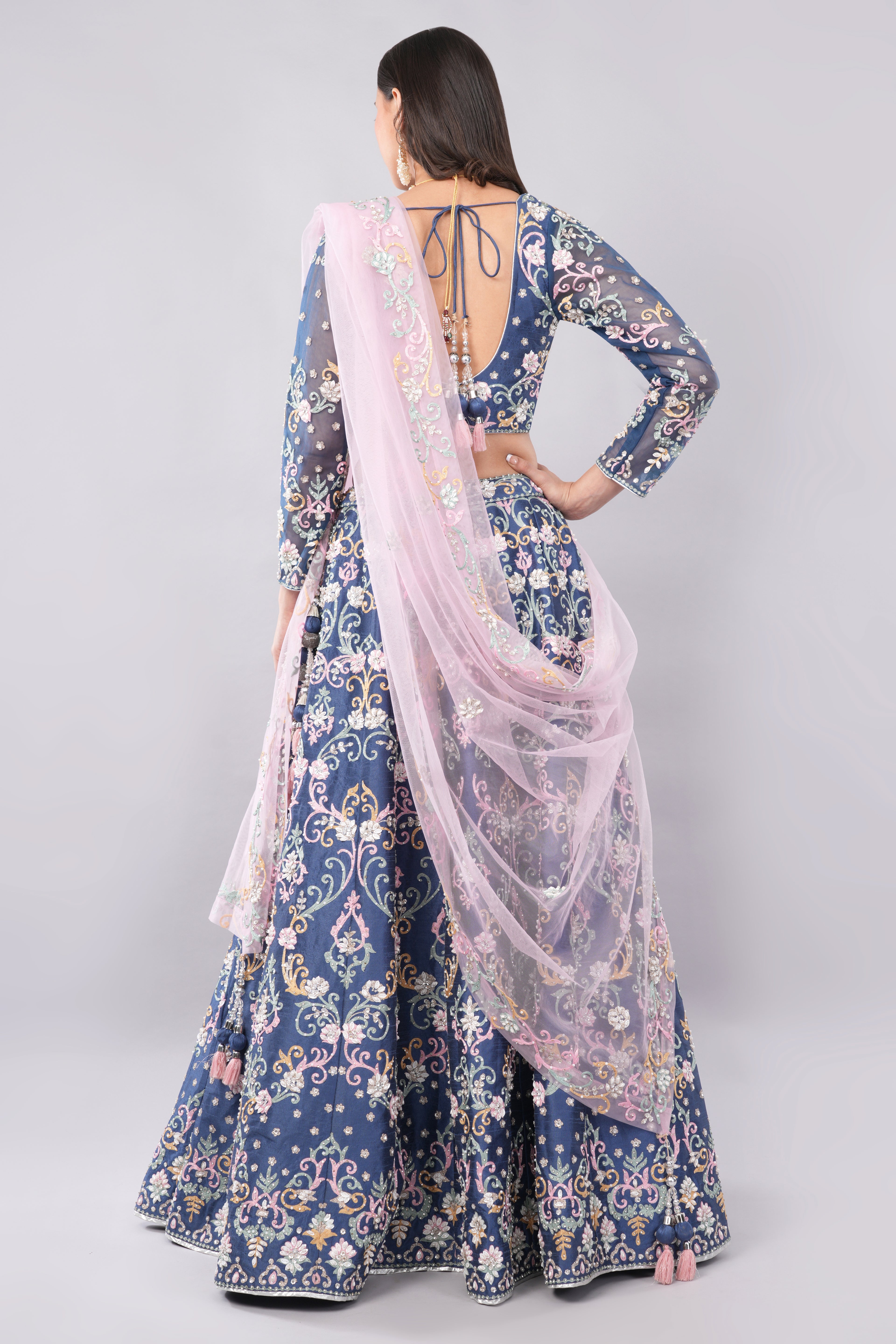 Gorgeous blue color silk lehenga designed with multi color